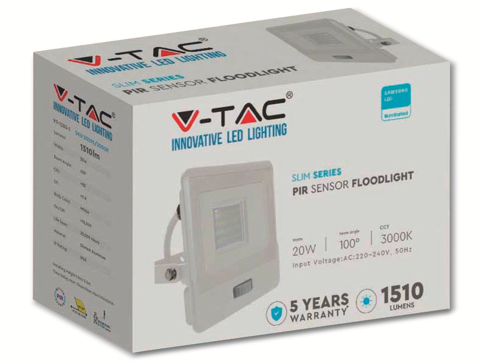 V-TAC LED-Fluter, Bewegungsmelder VT-138S-1 (20298) EEK: F, 30W, 2340 lm, 3000K, weiß