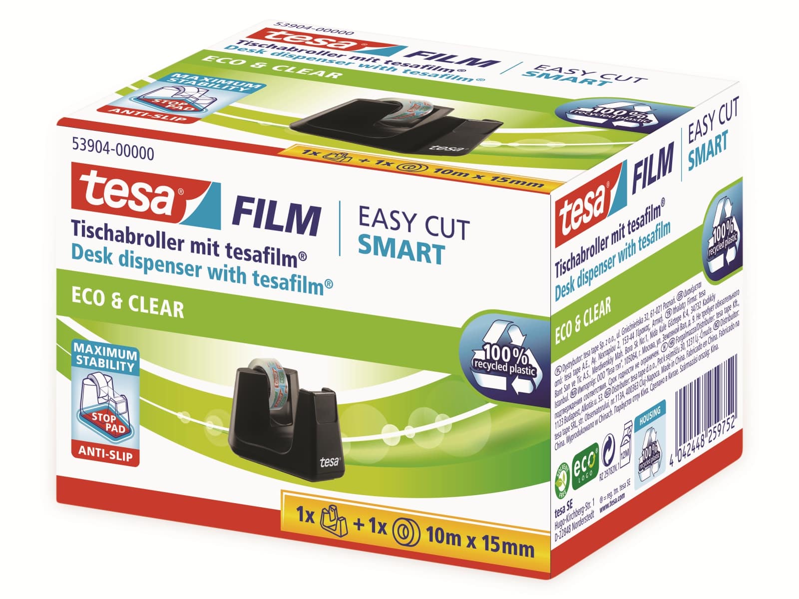 TESA film® Tischabroller Smart + film® eco&clear, 1 Rolle 10m:15mm, 53904-00000-01