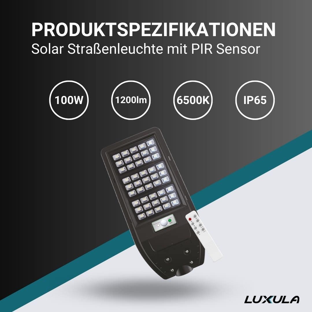 LUXULA Solar LED-Straßenleuchte, 100 W, 1200 lm, 6500 K, mit PIR Sensor