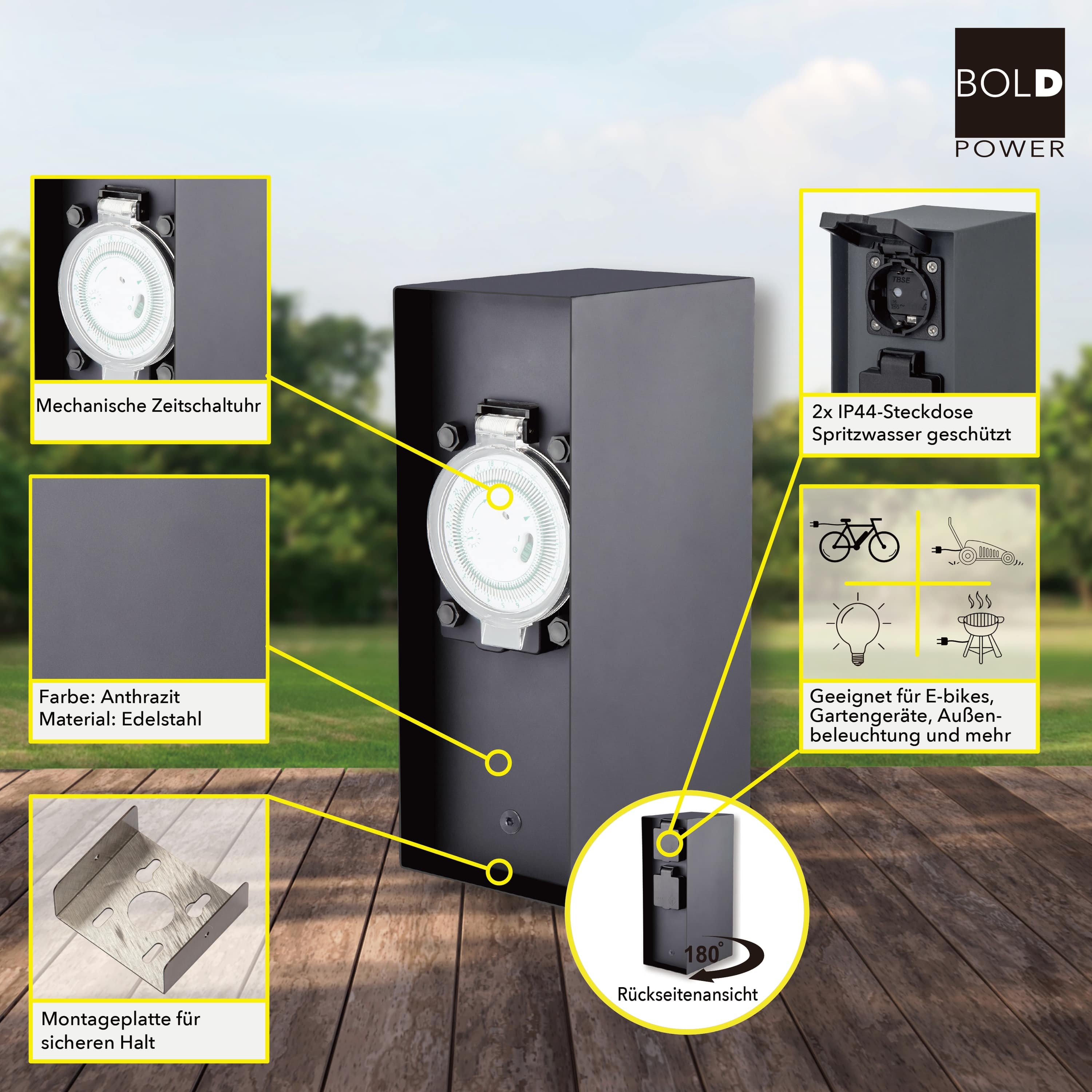 BOLD POWER Steckdosensäule Orio 10040, 2-fach, IP44, anthrazit, mit Zeitschaltuhr