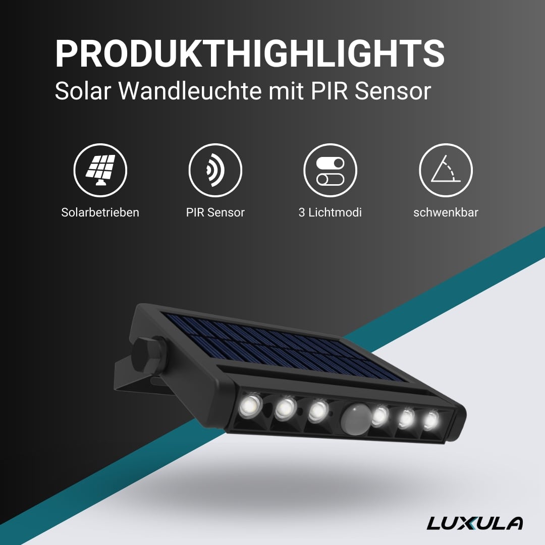 LUXULA Solar LED-Wandleuchte, 5 W, 500 Lm, PIR-Sensor, schwenkbar