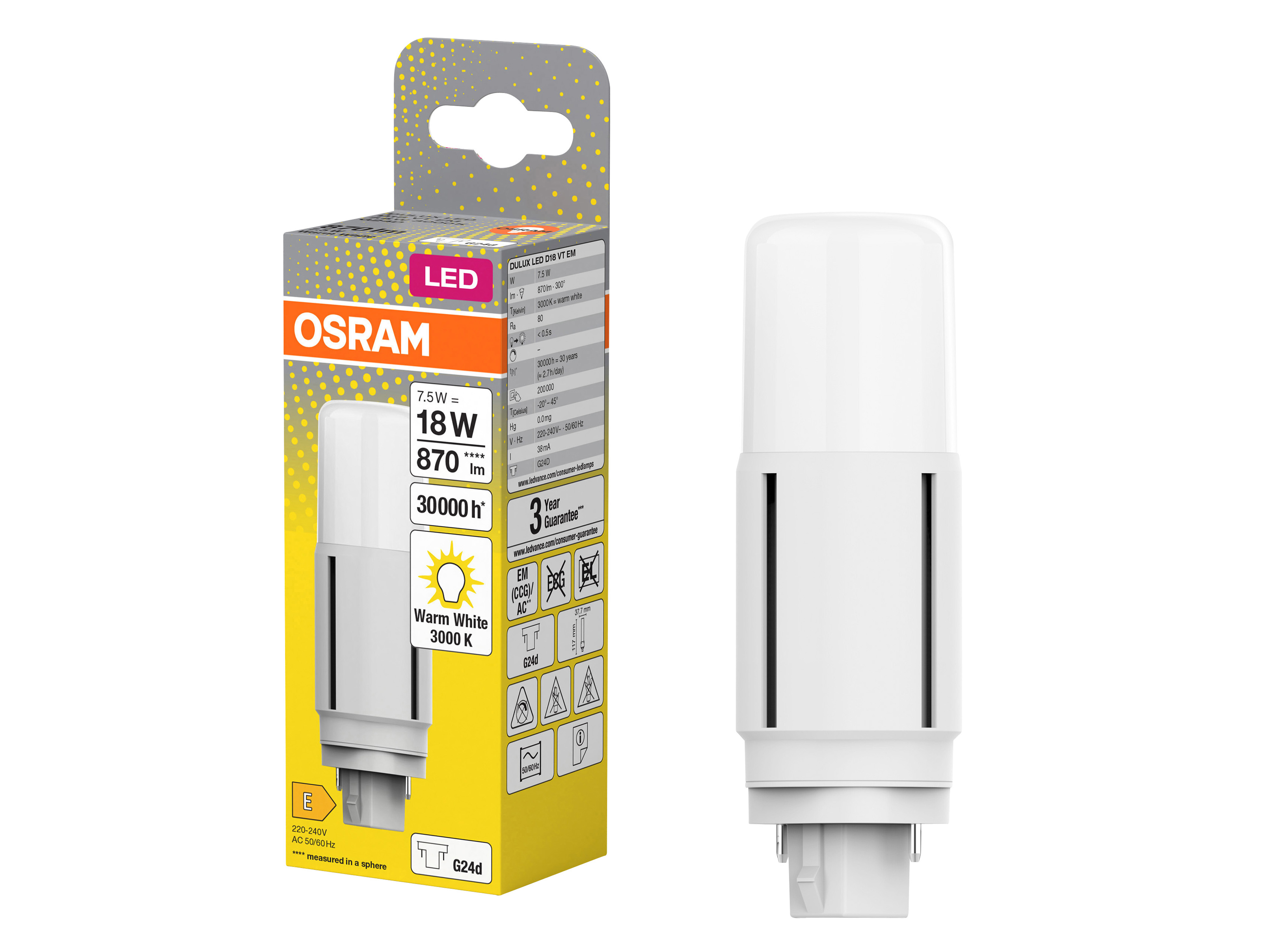OSRAM LED-Lampe, Dulux D18, G24d, EEK: E, 7,5W, 870lm, 3000K