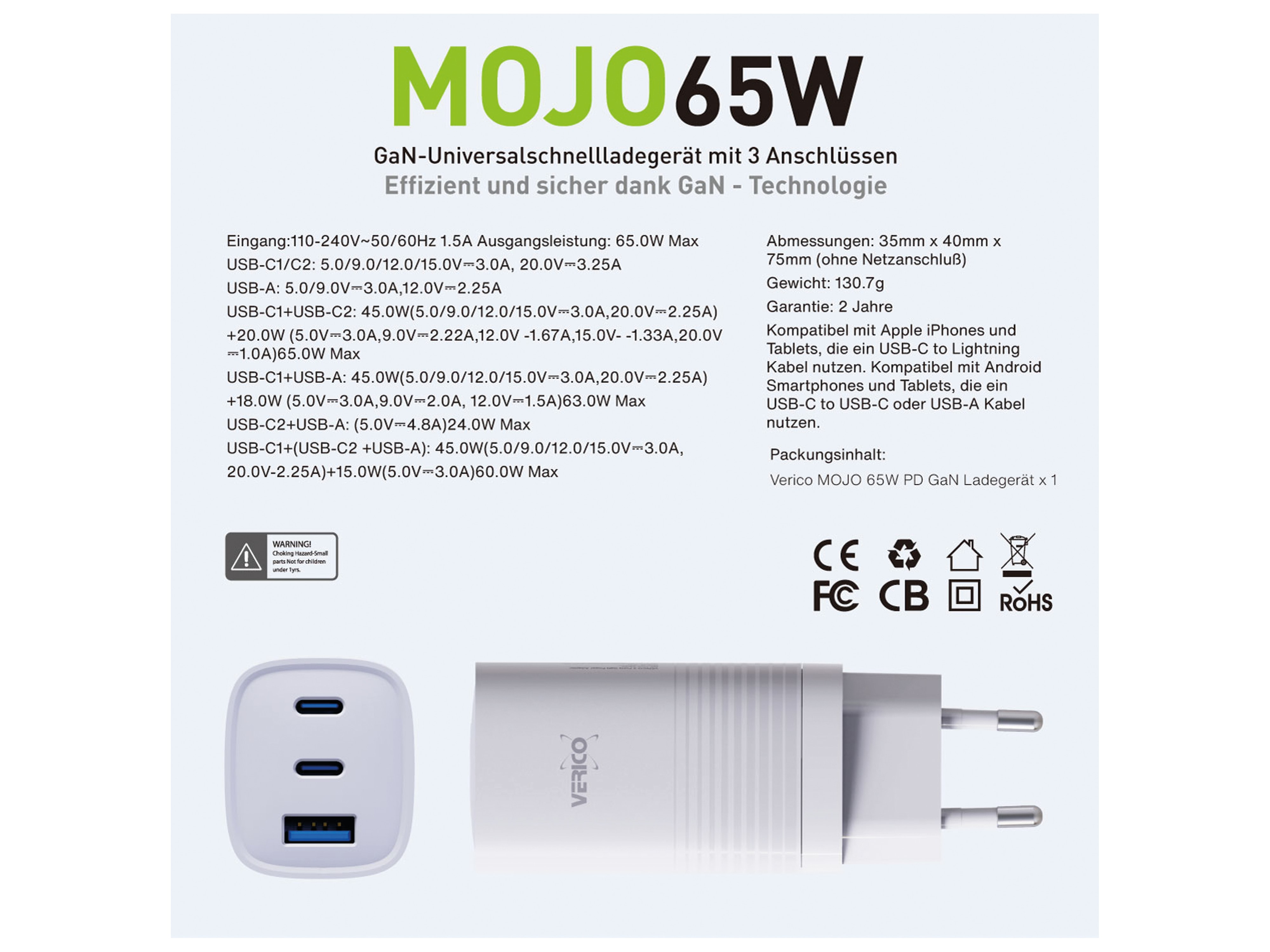 VERICO Power MOJO GaN 65W, 3 Port Ladegerät