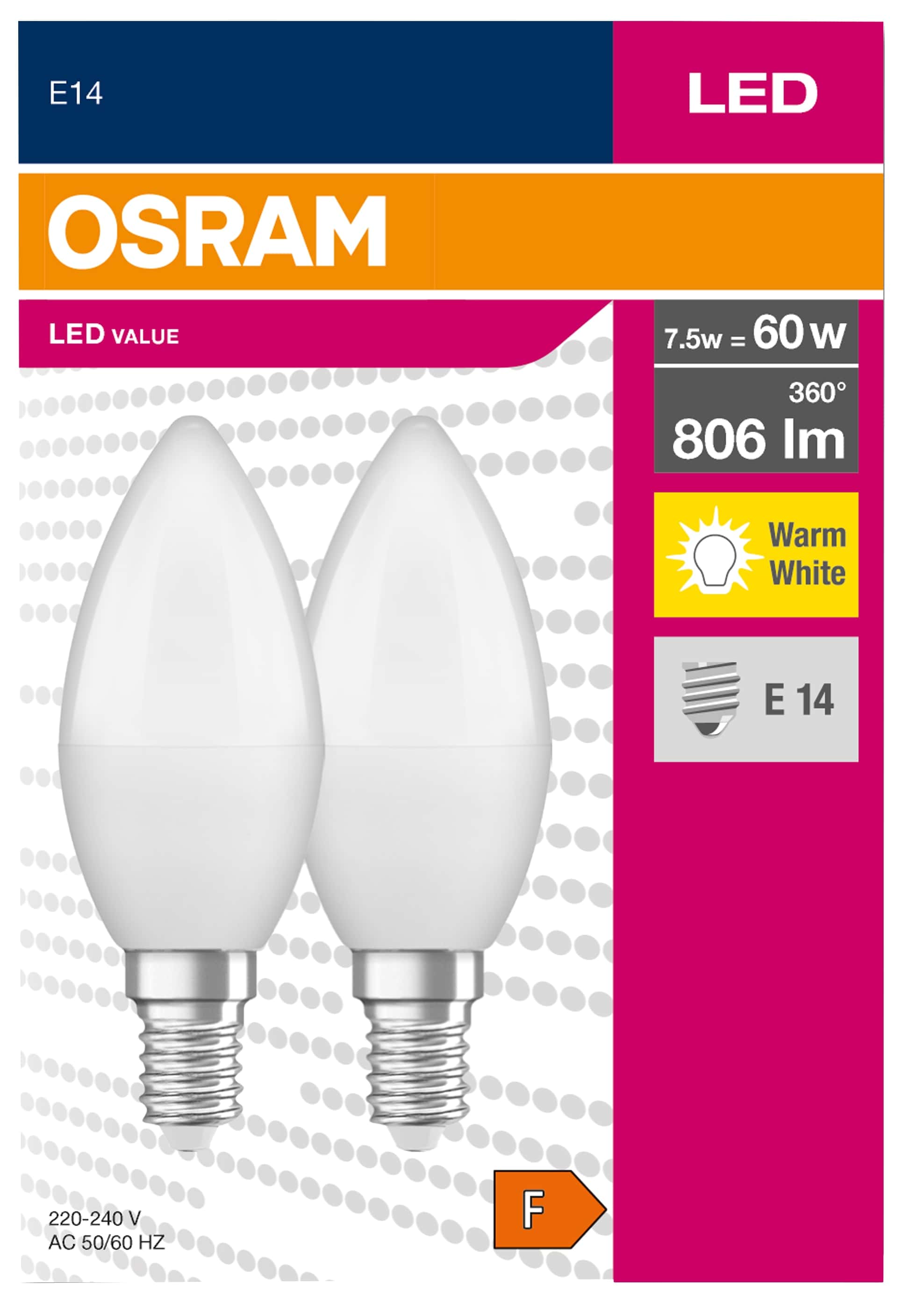 OSRAM LED-Lampe LED Value Classic, B60, E14, EEK: F, 7,5 W, 806 lm, 3000 K, 2 Stück