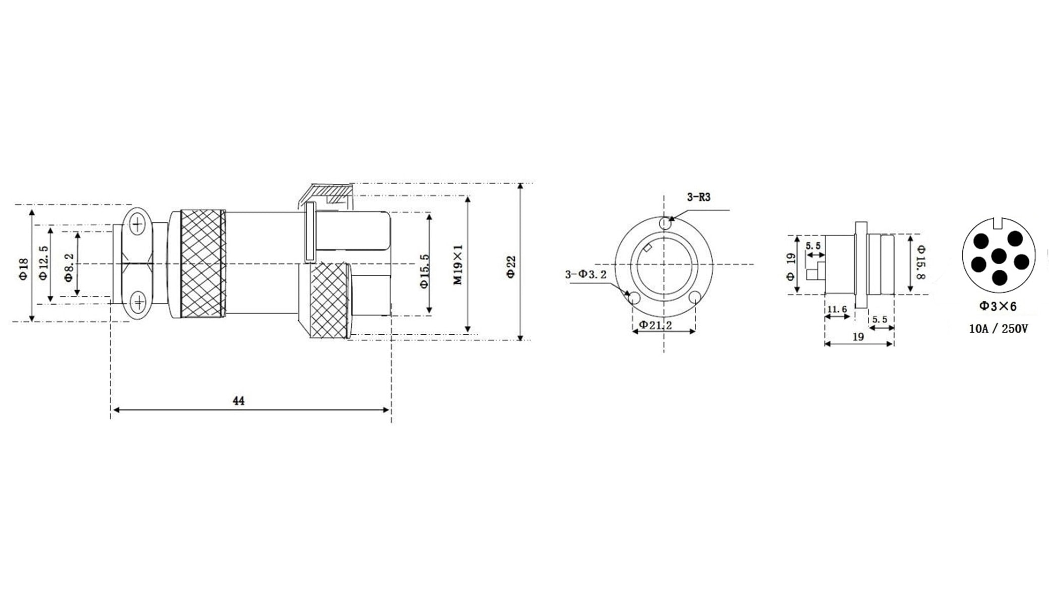 Hochstrom Einbaustecker-Set, 6-polig, Ø 19 mm, mit Abdeckkappe