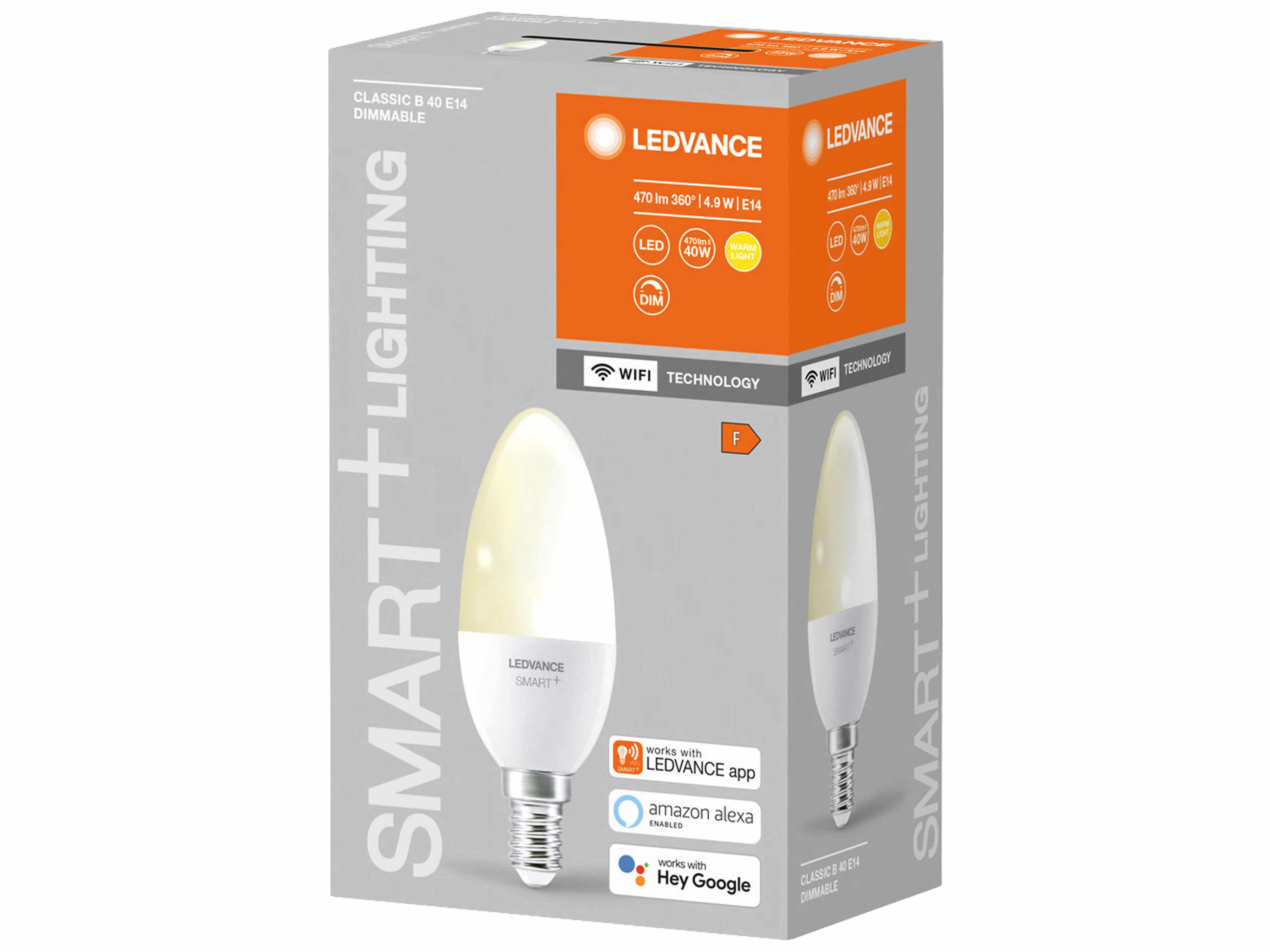 LEDVANCE LED-Lampe SMART+ WiFi Candle, B40, E14, EEK: F, 4,9 W, 470 lm, 2700 K, Smart