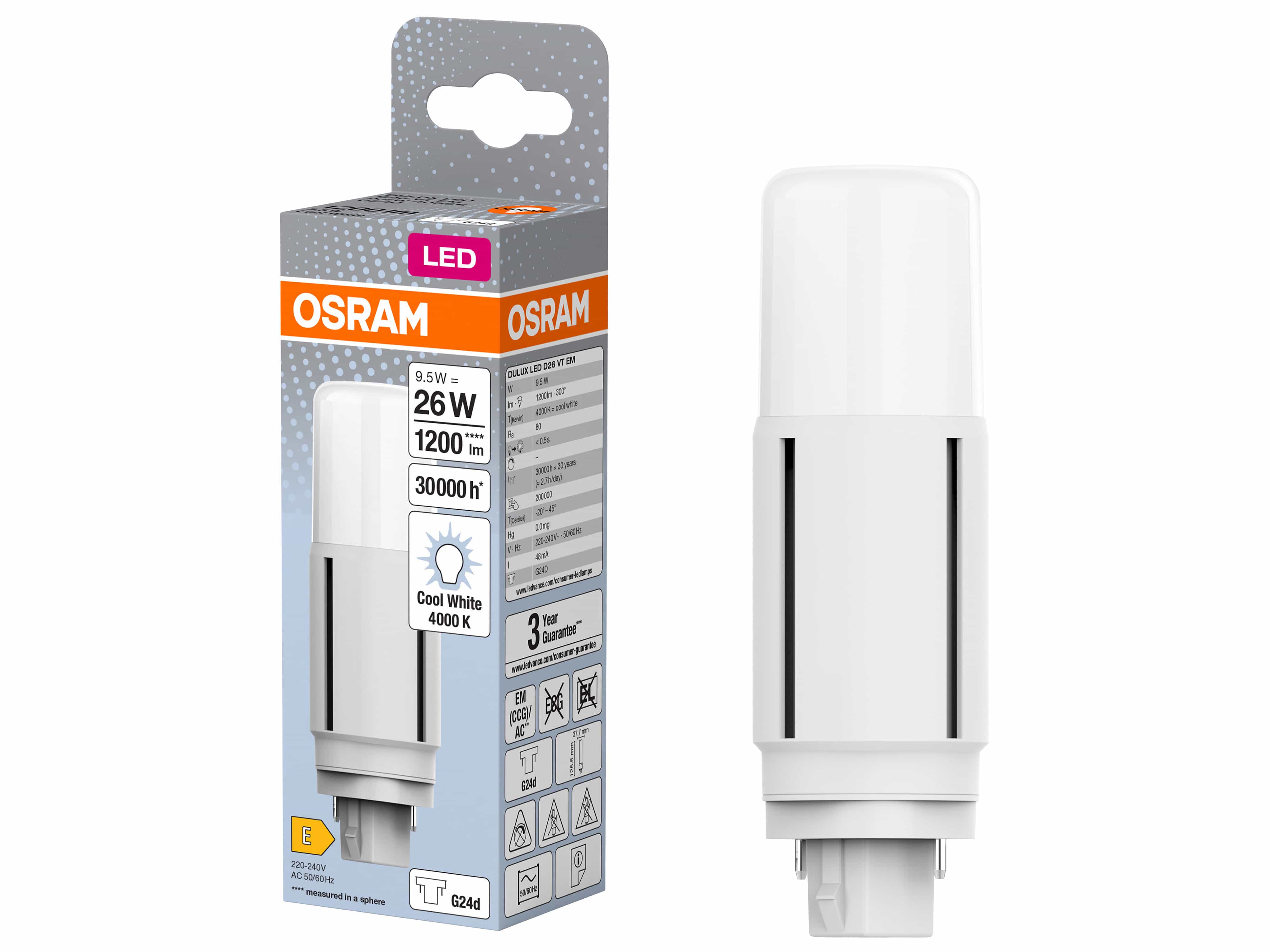 OSRAM LED-Lampe, Dulux D26, G24d, EEK: E, 9,5W, 1200lm, 4000K