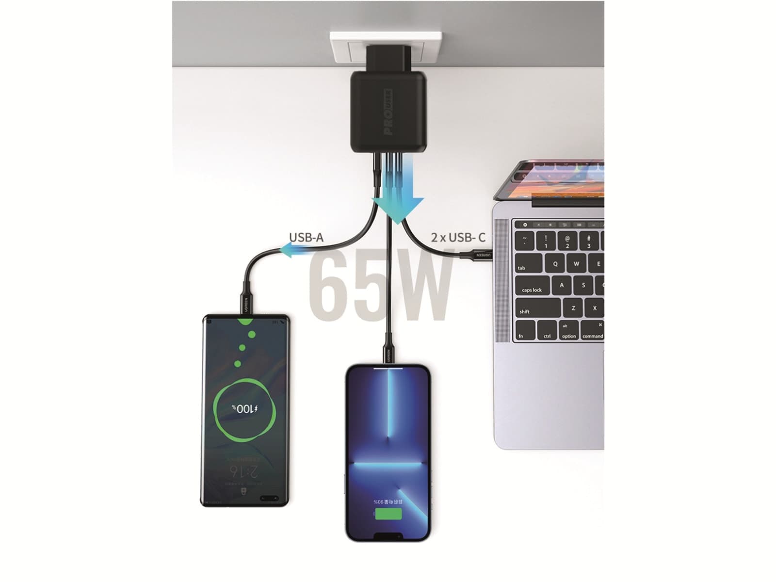 PROUSER USB-Lader PRO USER 20198, 3-fach, 65W, 2x USB-C, 1x USB-A, GaN, schwarz