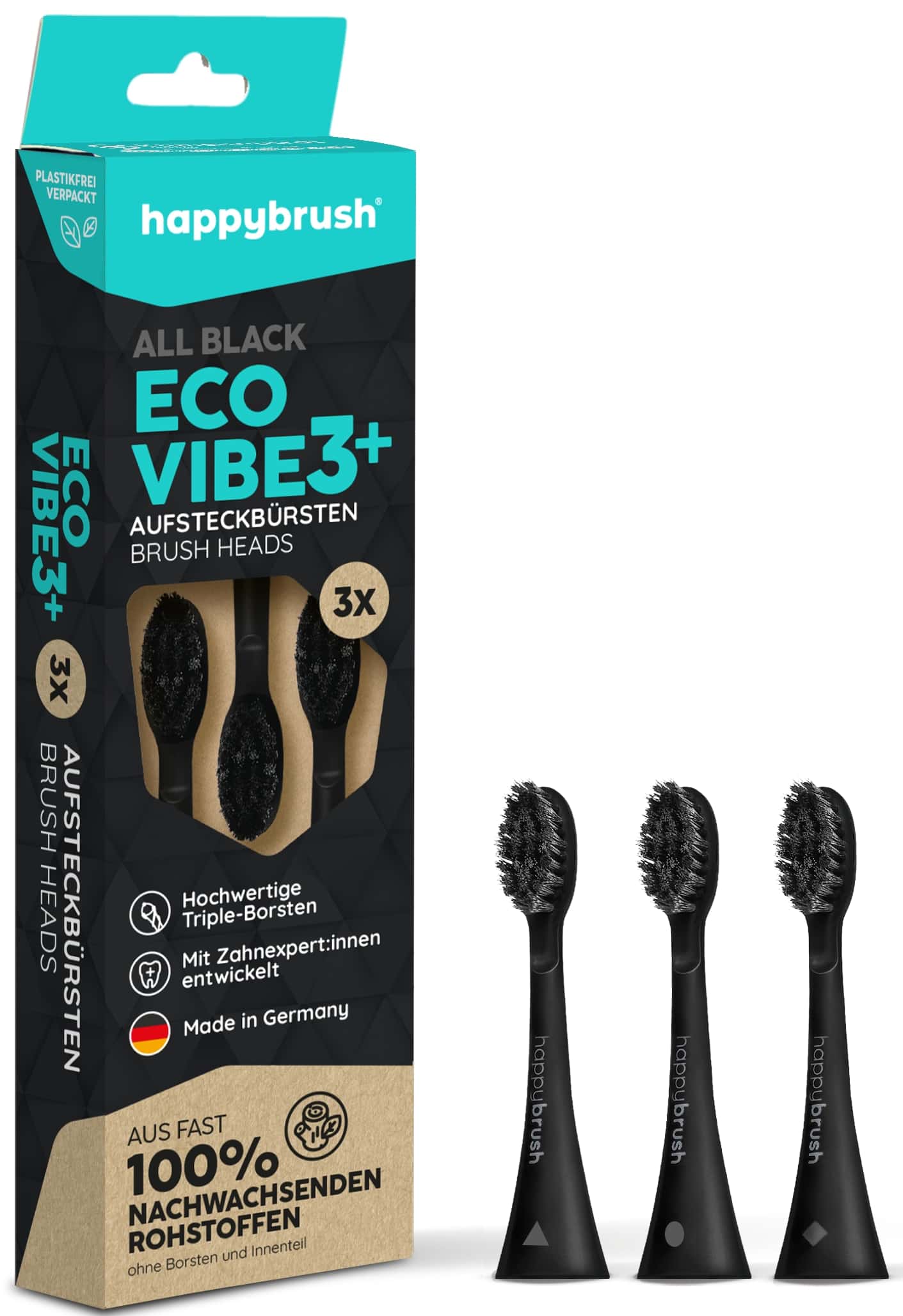 HAPPYBRUSH Ersatz-Aufsteckbürsten Allblack ECO VIBE 3, 3er Set