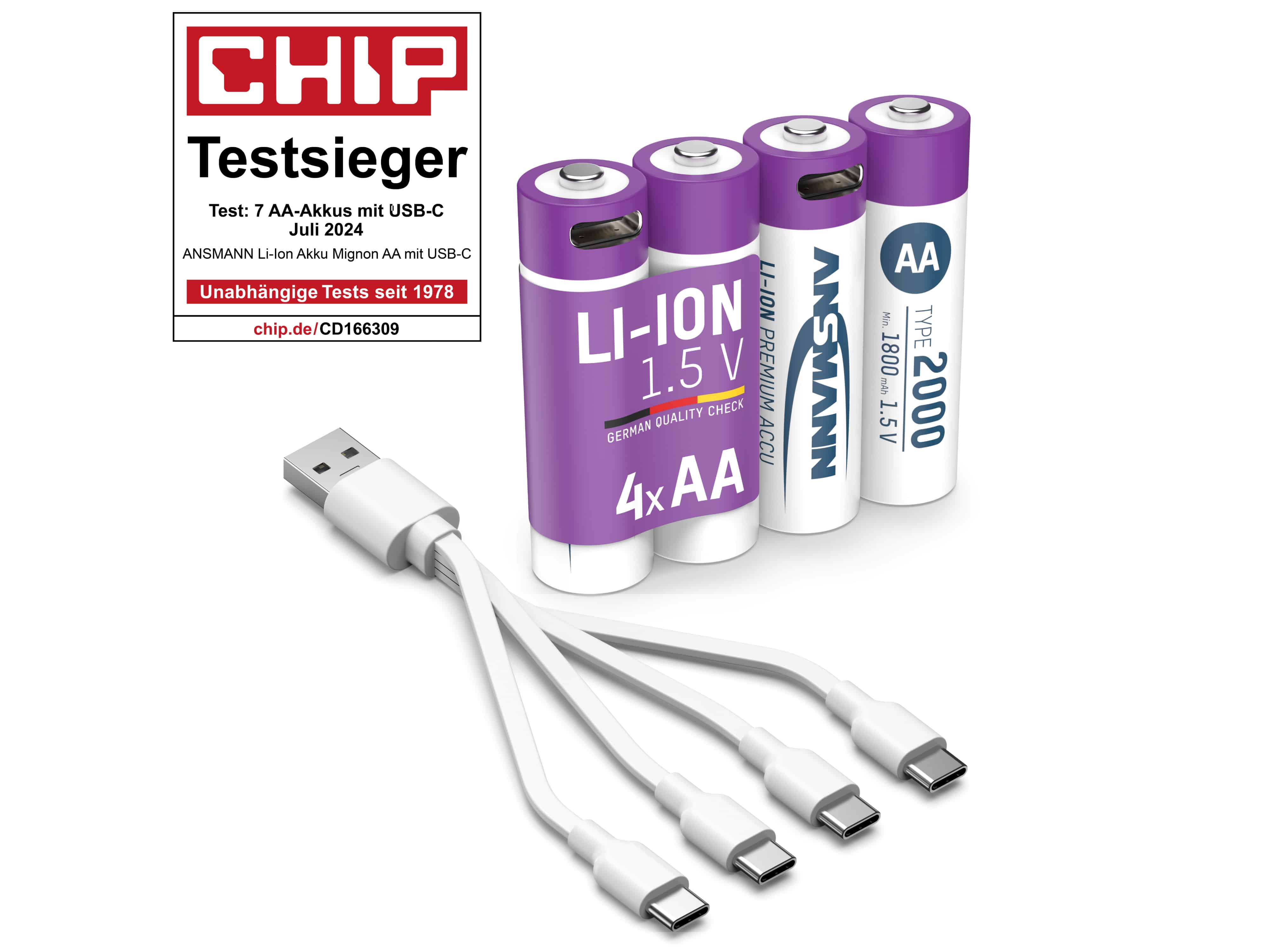 ANSMANN Li-Ion Mignon-Akku, AA, Typ 2000 (min. 1800mAh), 4 Stück