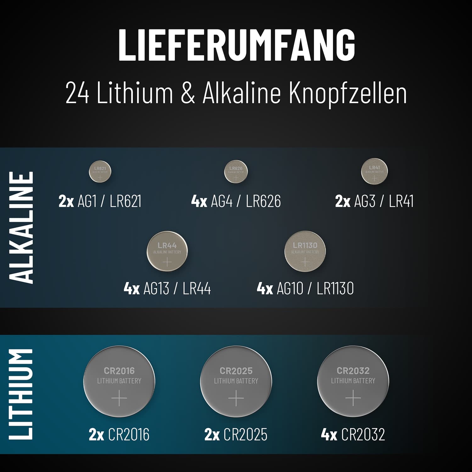 ABSINA Knopfzellen-Set, 24-teilig 