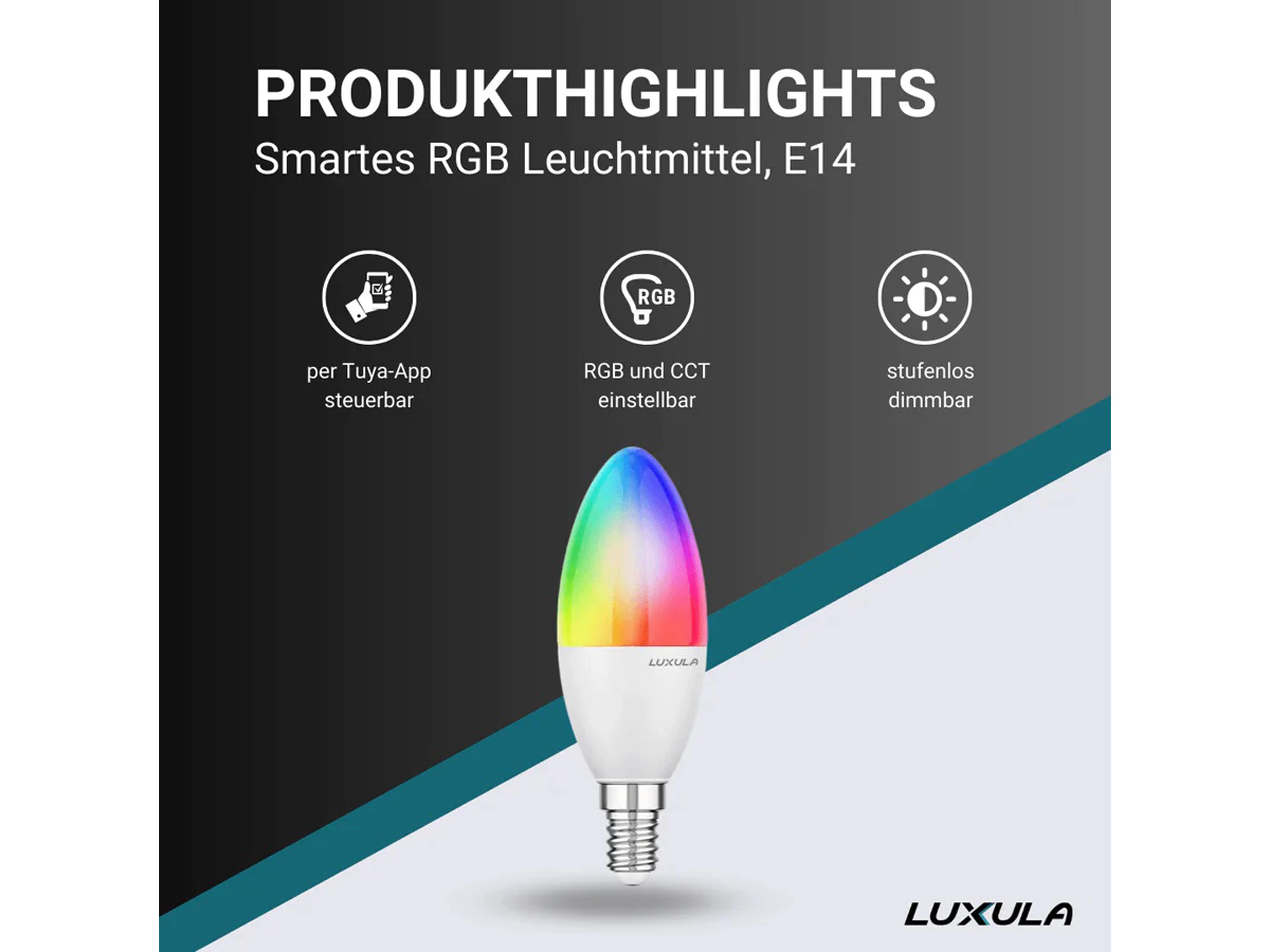 LUXULA LED-Lampe, Kerzenform, SMART, E14, EEK: F, 5W, 464lm, RGBTW