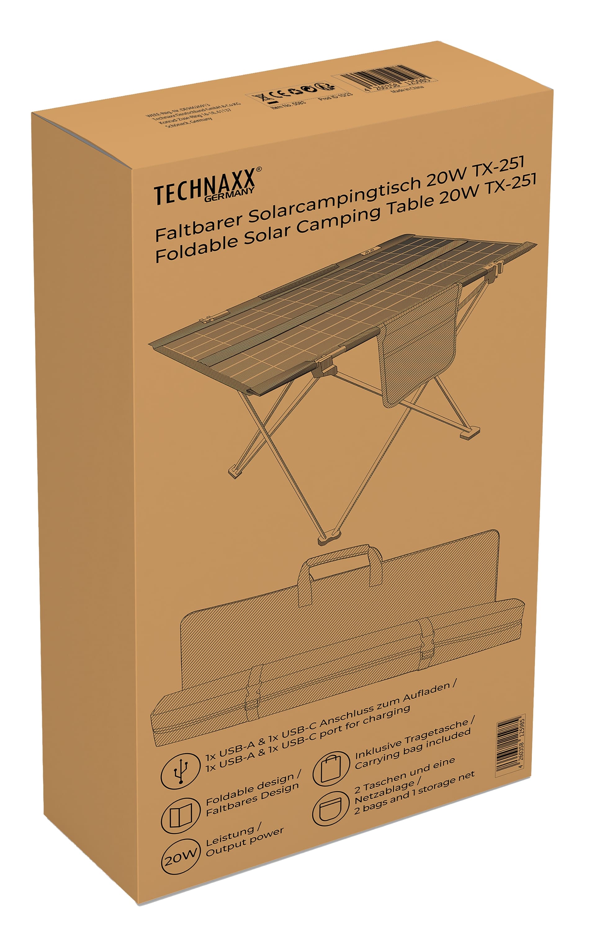 TECHNAXX FALTBARER SOLAR-CAMPINGTISCH TX-251, 20W