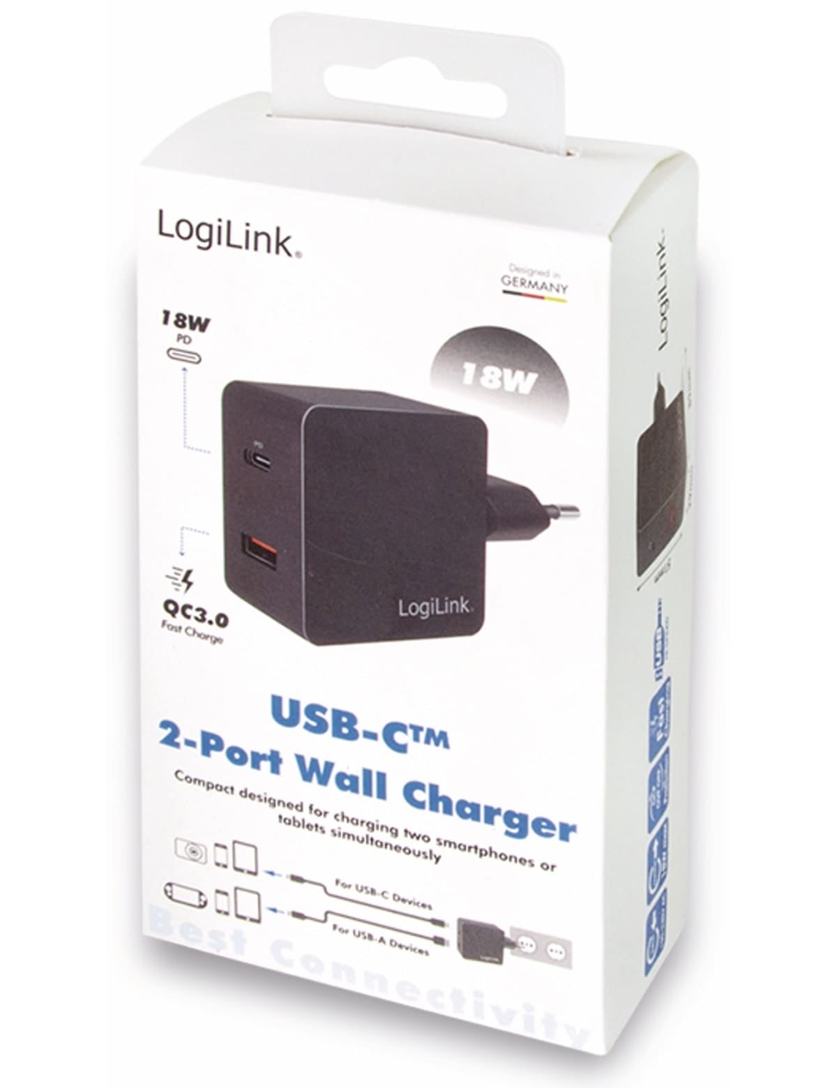LOGILINK USB-Lader PA0220, 2-fach, 18 W, 1x USB-C PD, 1x USB-A QC, schwarz