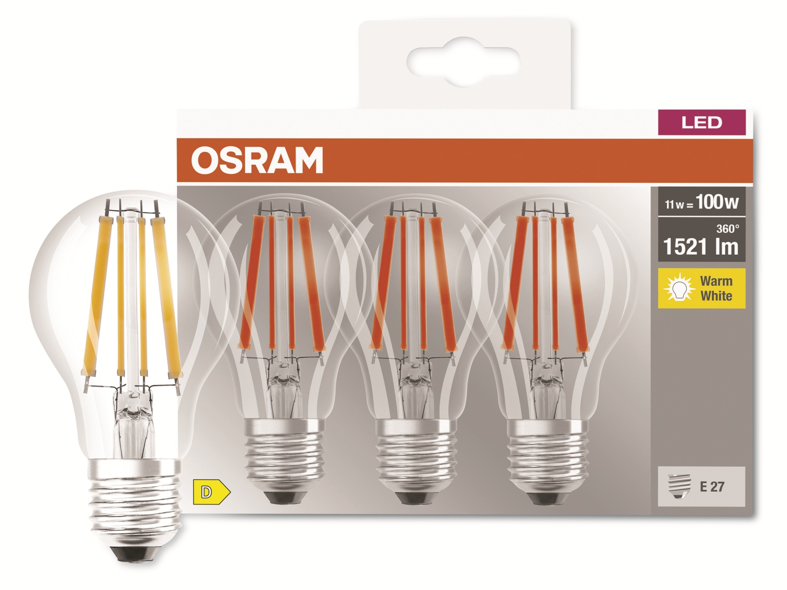 OSRAM LED-Filament-Lampe, CLA100, E27, EEK: D, 11W, 1521lm, 2700K, 3 Stk