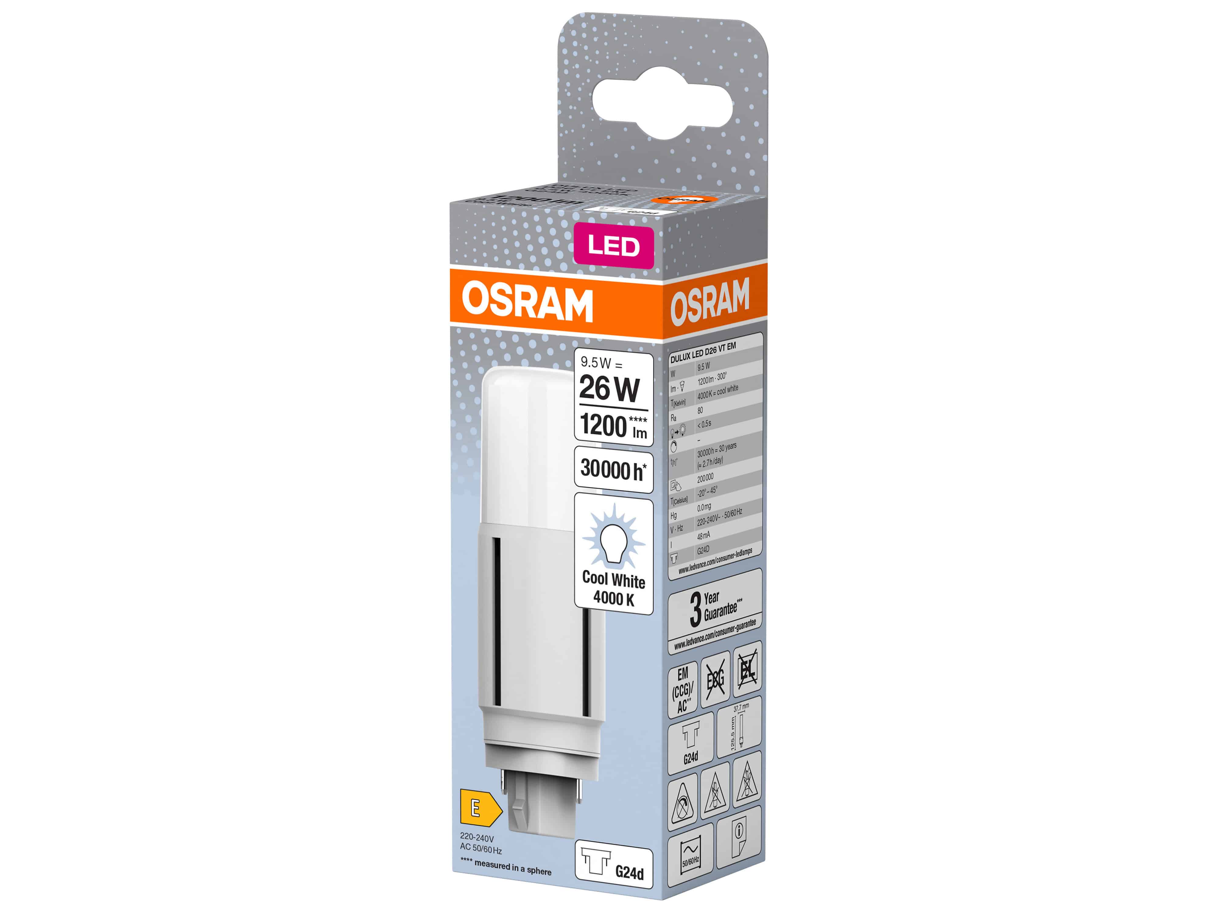 OSRAM LED-Lampe, Dulux D26, G24d, EEK: E, 9,5W, 1200lm, 4000K