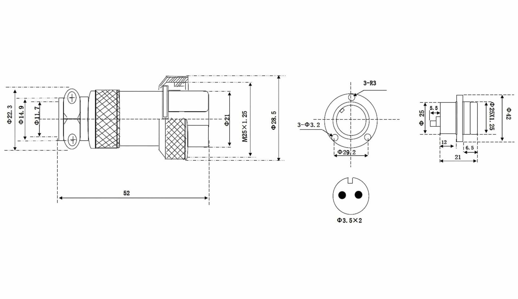 Hochstrom Einbaustecker-Set, 2-polig, Ø 25 mm, mit Abdeckkappe