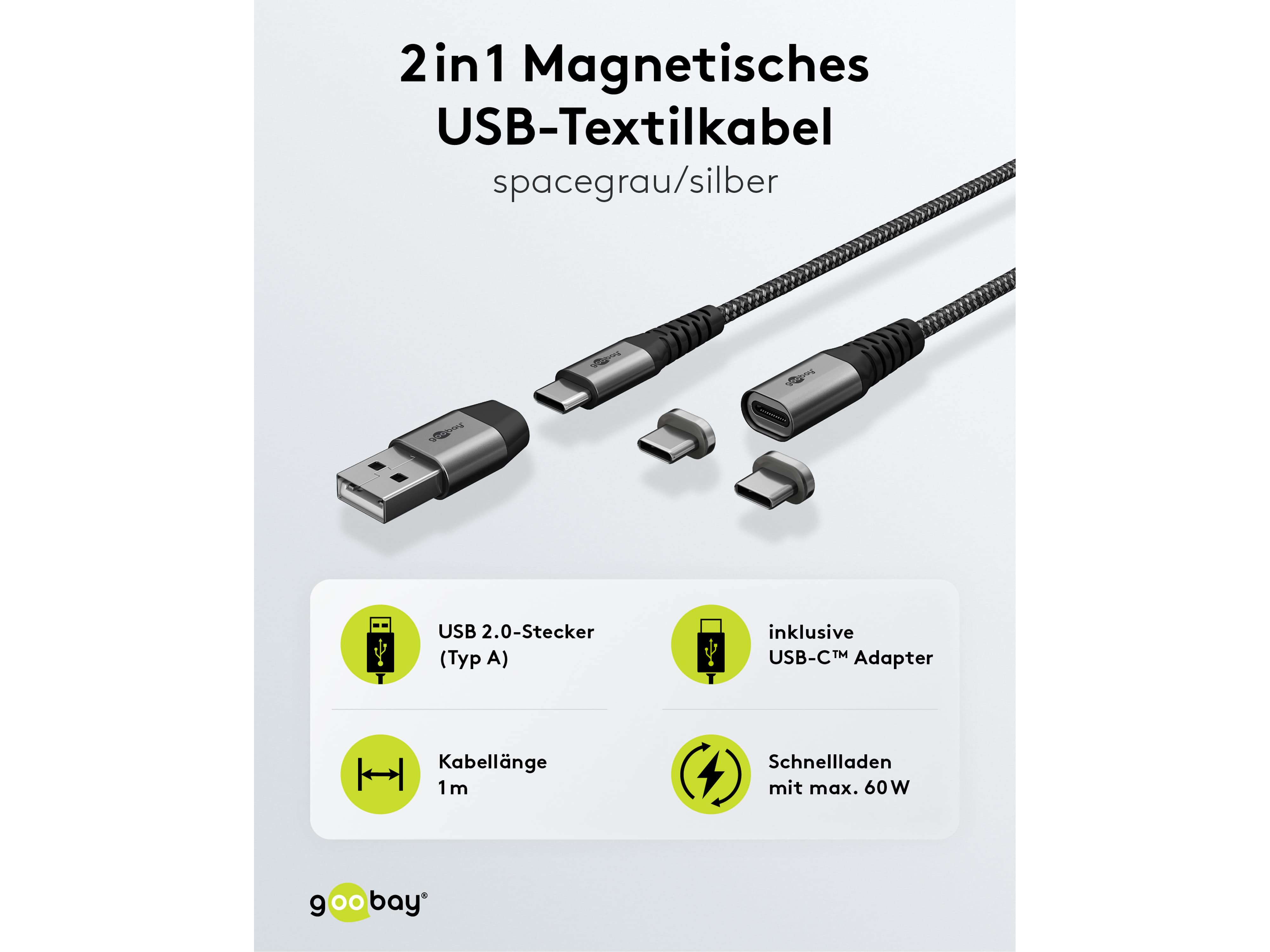 GOOBAY USB-Ladekabel 2in1 USB-C/USB-A auf USB_C Magnetadapter 1m im Textilmantel