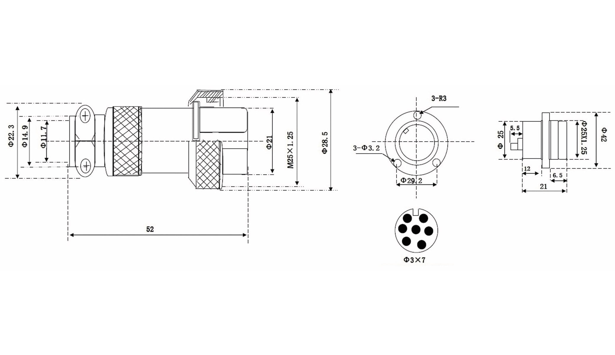 Hochstrom Einbaustecker-Set, 7-polig, Ø 25 mm, mit Abdeckkappe
