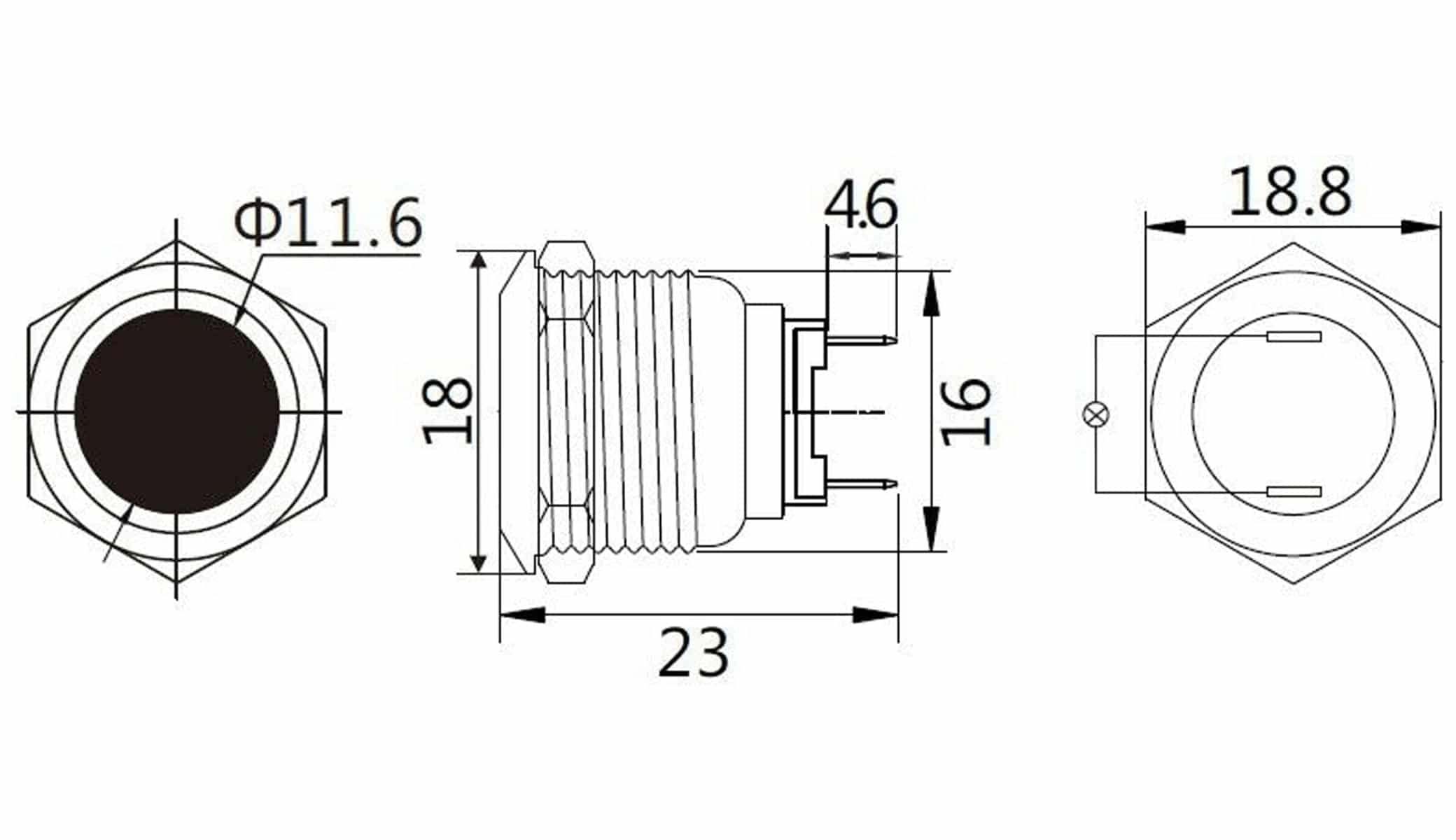 LED-Kontrollleuchte, Signalleuchte 12 V, Blau, Ø16 mm, Messing, Tiefe 22 mm