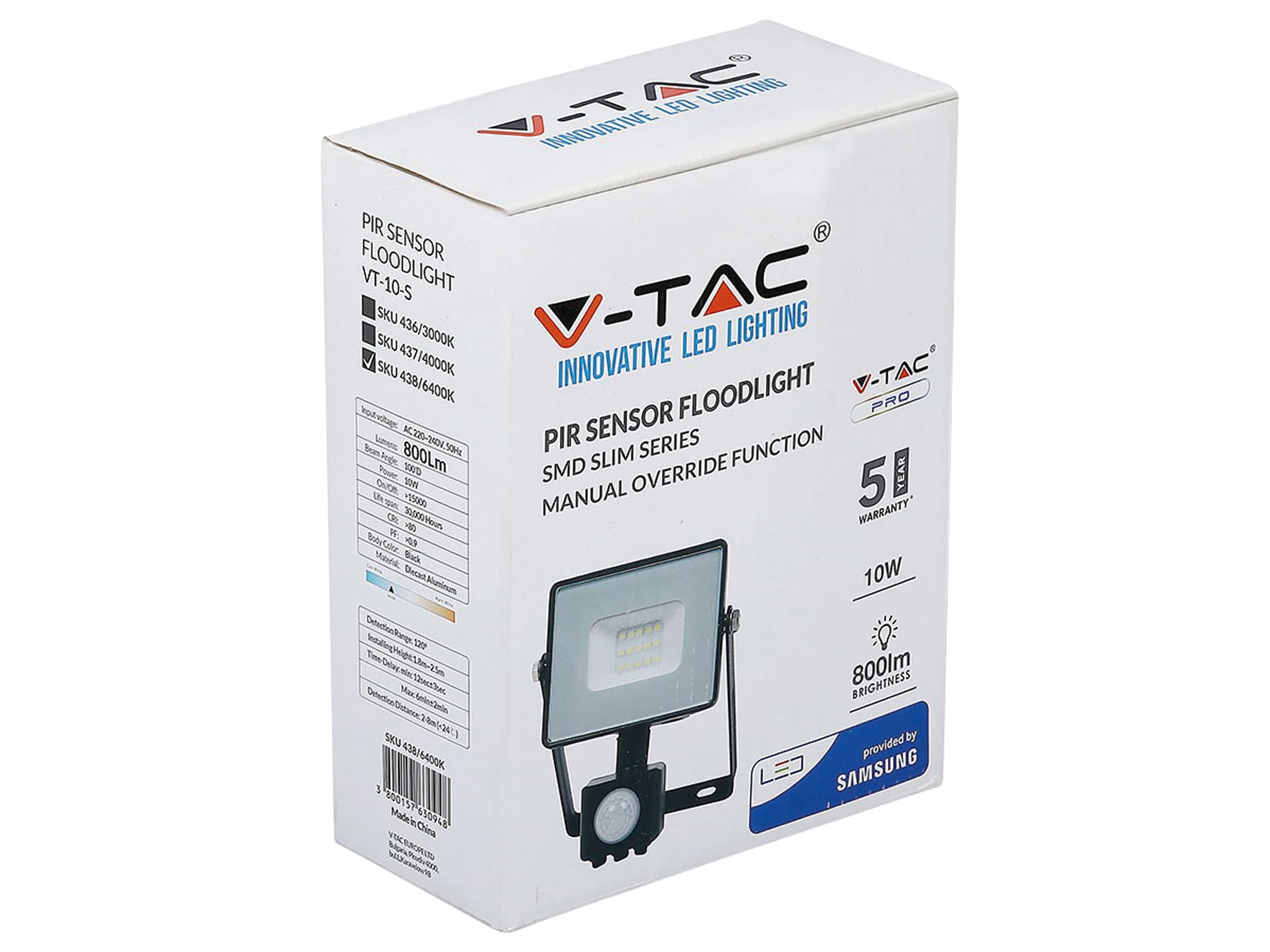 V-TAC LED-Fluter mit Bewegungsmelder VT- 10-S-B, EEK: F, 10 W, 800lm, 3000K, schwarz