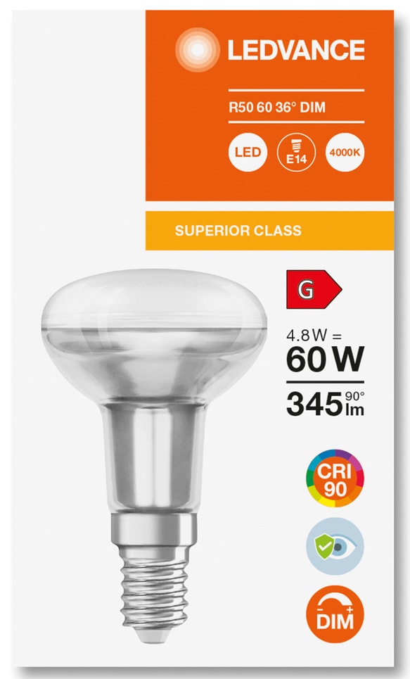 LEDVANCE LED-Reflektorlampe Superstar, A60, E14, EEK: G, 4,8 W, 345 lm, 4000 K