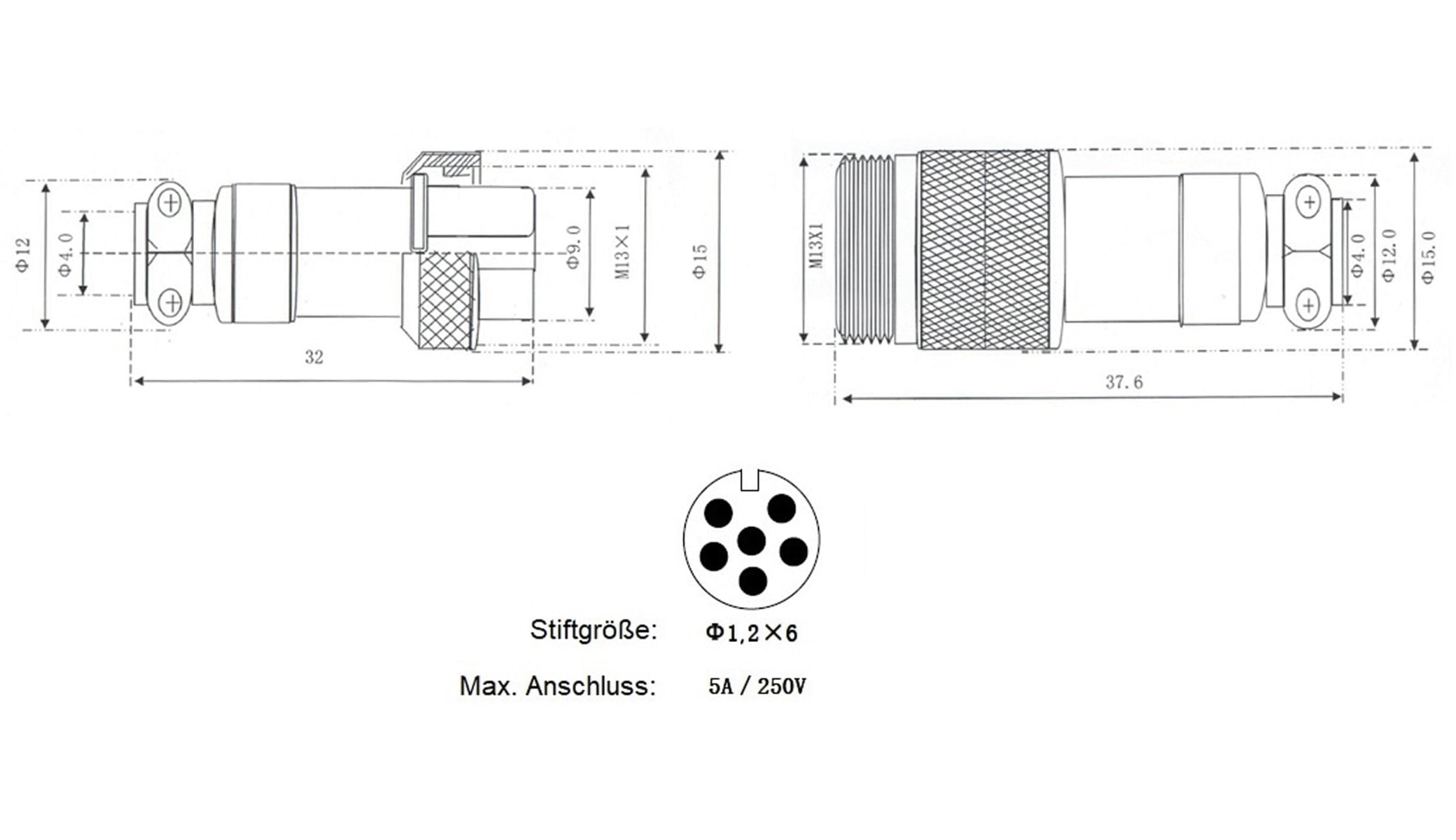 Hochstrom Steckverbinder-Set, 6-polig, Ø 12 mm, Schraubverschluss
