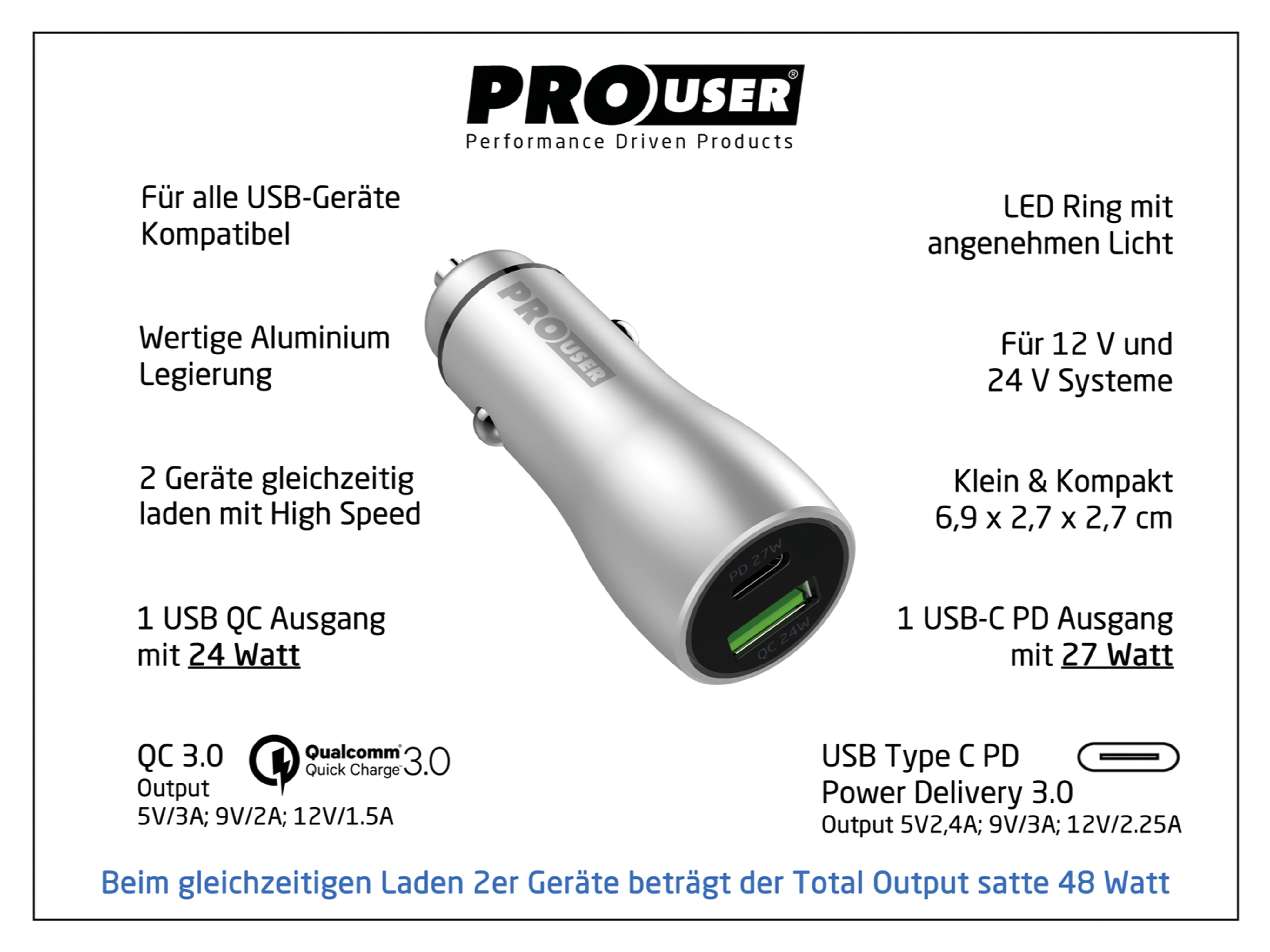 PROUSER Dual KFZ USB-Lader 20167, 48 W, (QCPD1B), silber