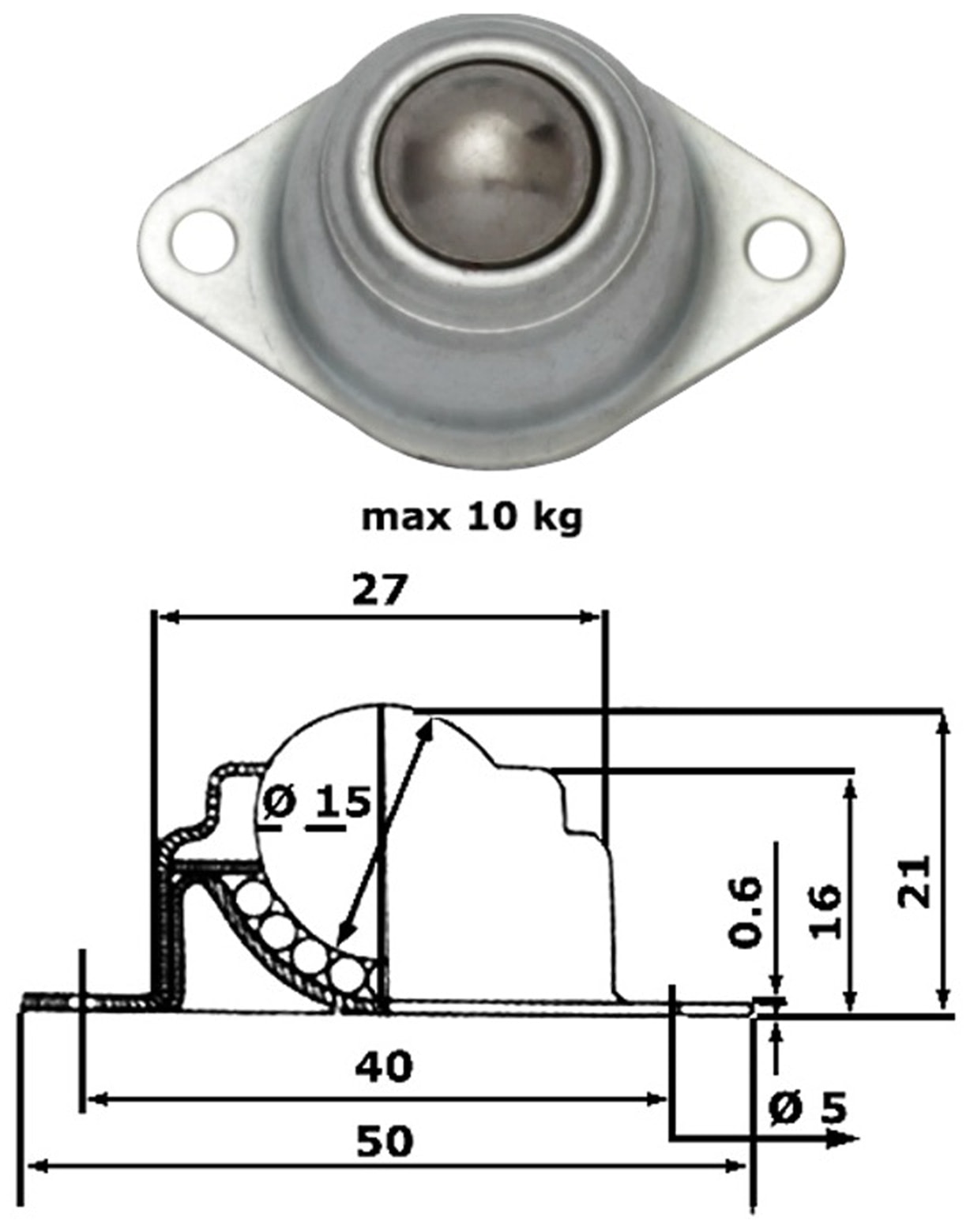 Kugelrolle, 48x32x20mm, 10 kg, Stahl