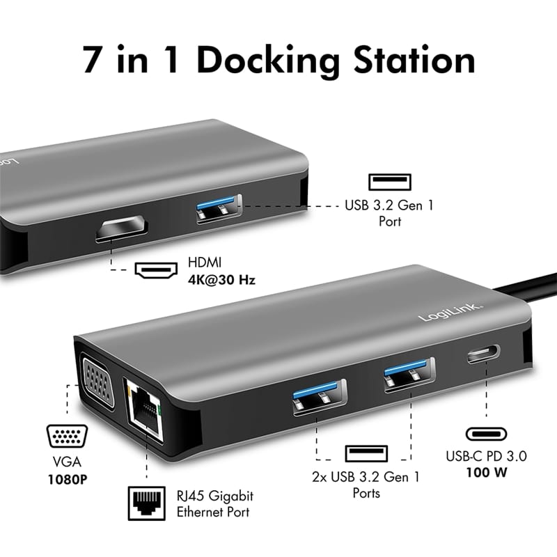 LOGILINK USB 3.2 Dockingstation UA0410, Gen1, 7-Port, USB-C PD, Anthrazit