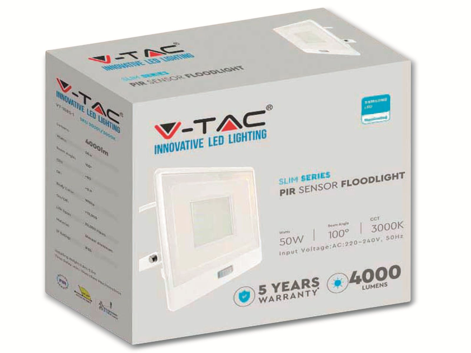 V-TAC LED-Fluter, Bewegungsmelder VT-158S-1 (20303) EEK: F, 50W, 4000 lm, 6500K, weiß