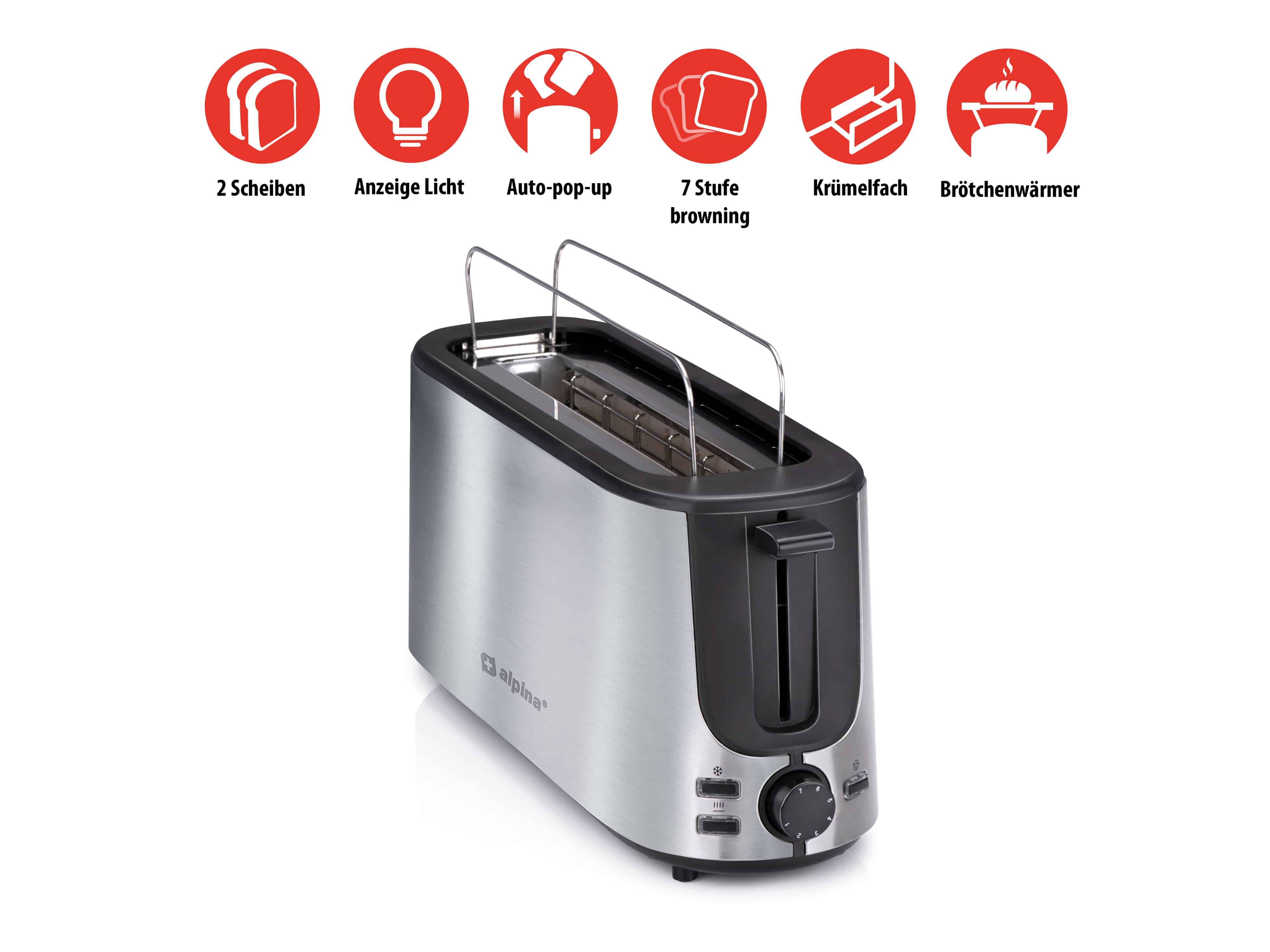 ALPINA Toaster, 1000 W, 2 Scheibentoaster, schwarz/silber