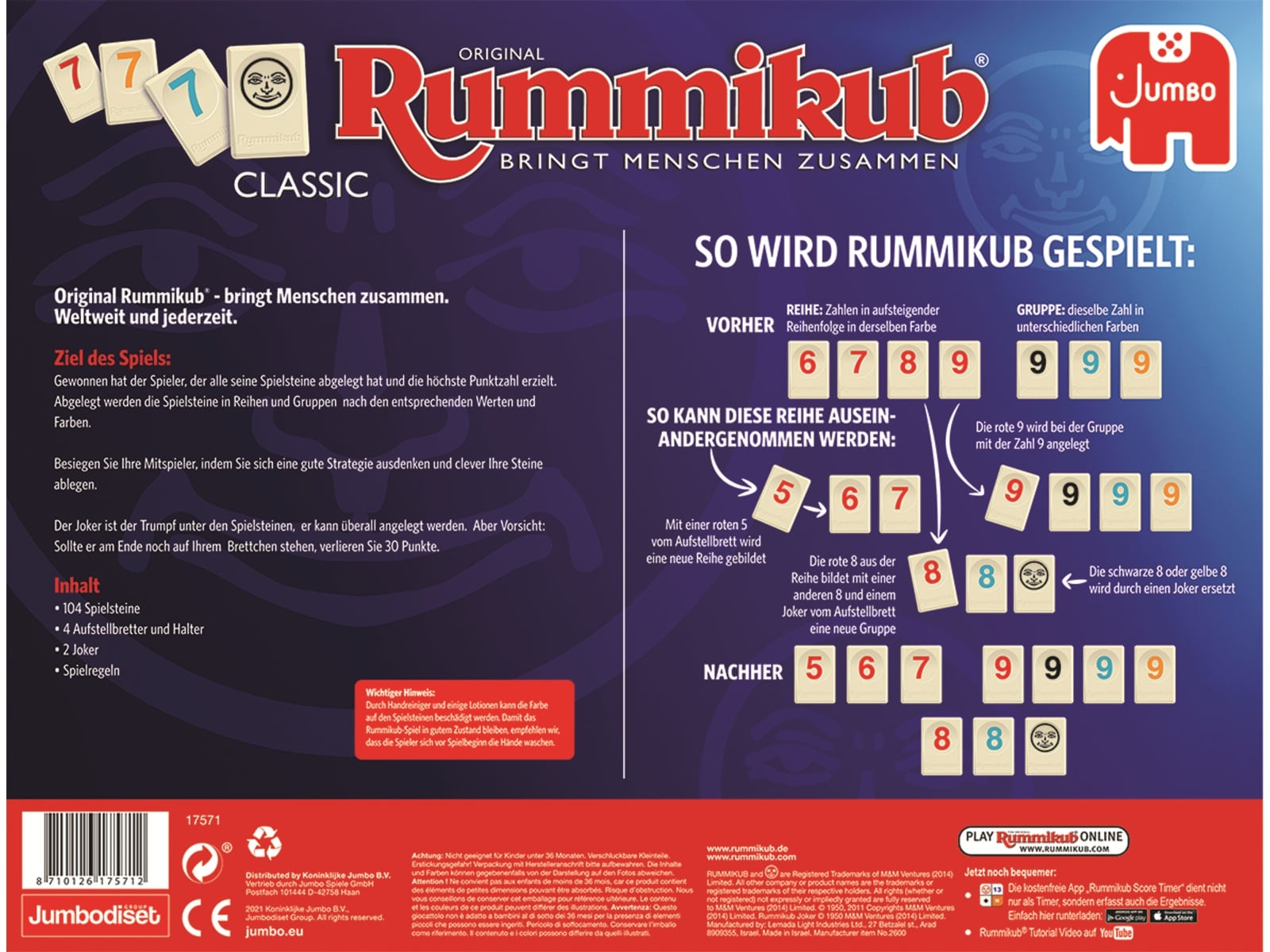 JUMBO Spiele Familienspiel, 17571, Original Rummikub Classic