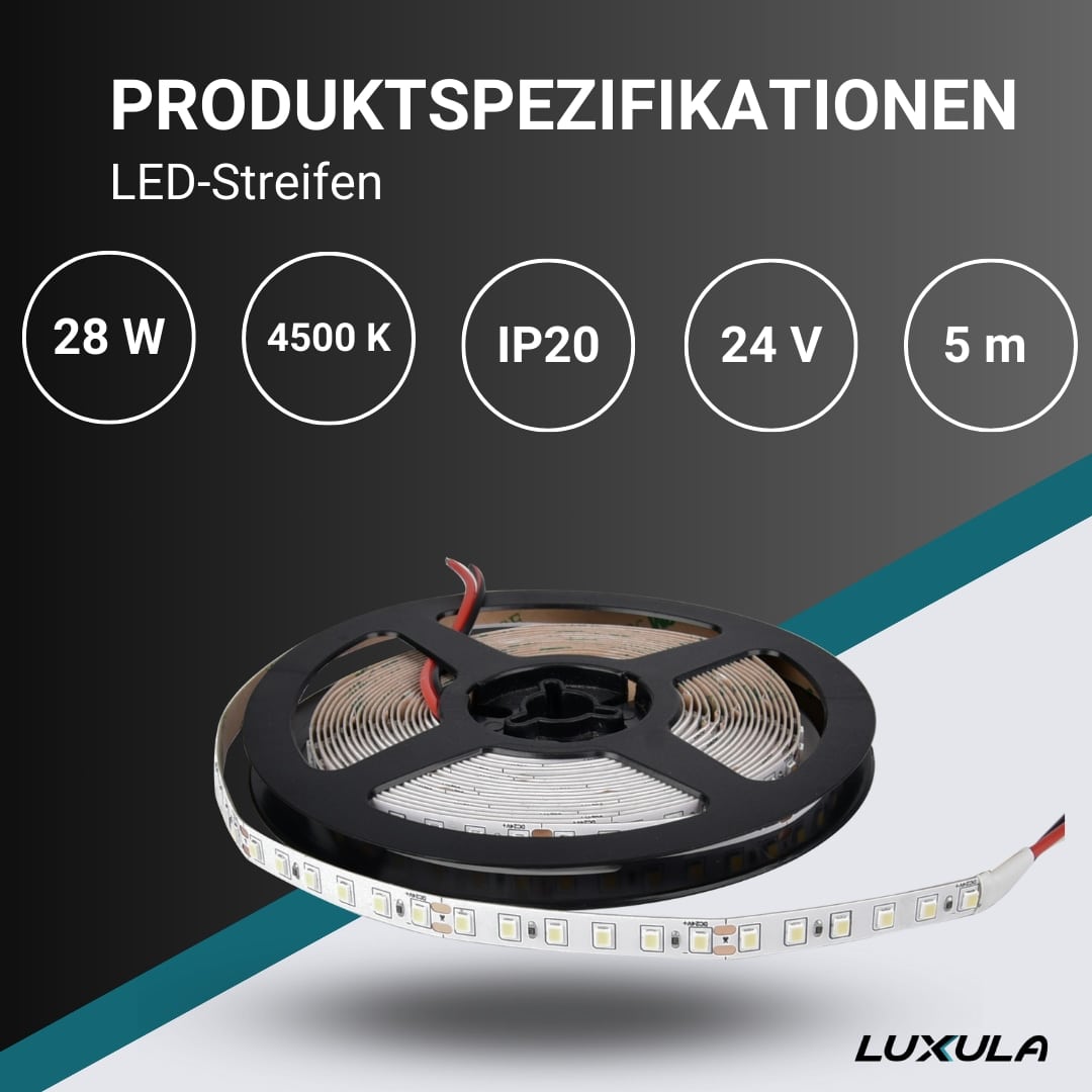 LUXULA LED-Strip, 5 m, neutralweiß, EEK: F, 24 V, 4500 K, 120-LED/m