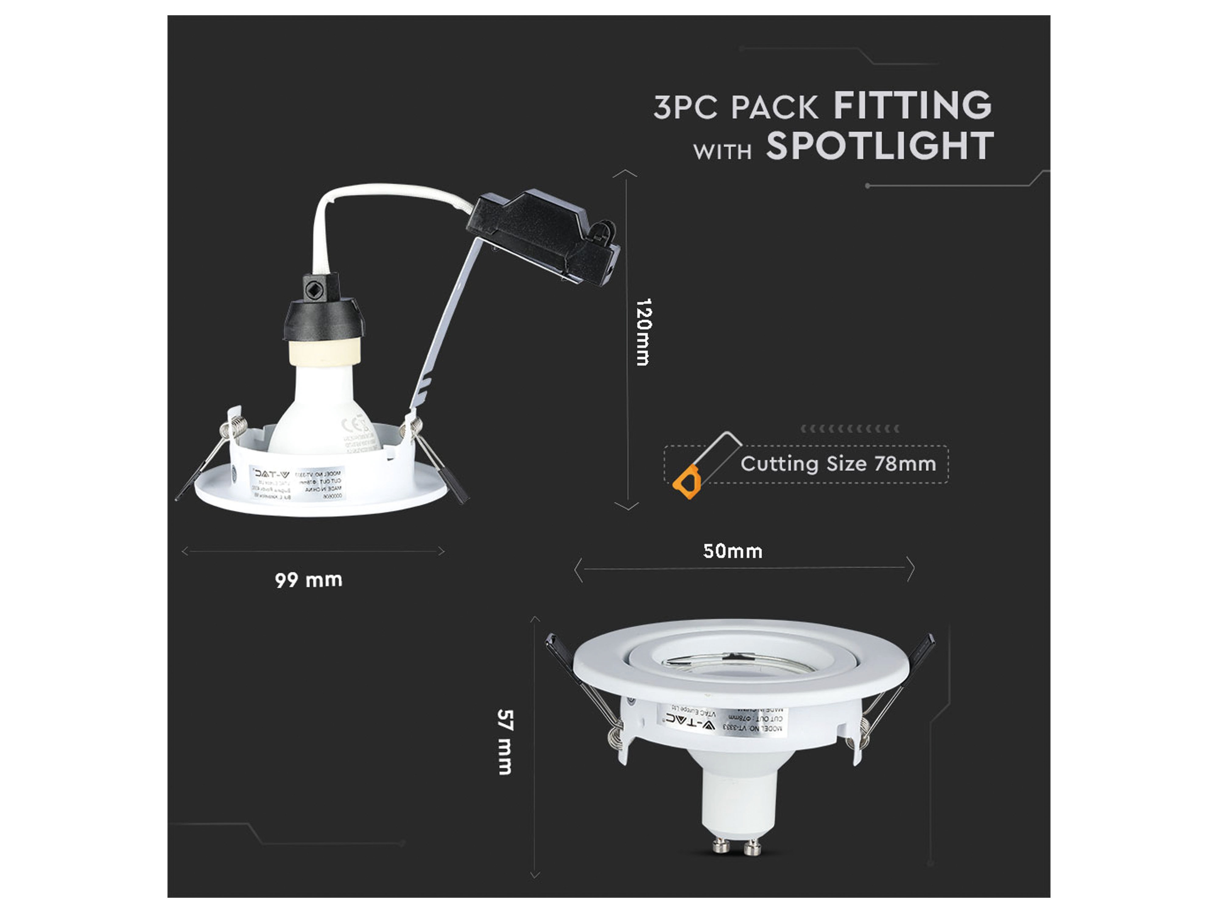 V-TAC LED-Einbauleuchten Set VT 3333 (8881), GU10, EEK:F, 5W, 400lm, 3000K, weiß, 3 Stück