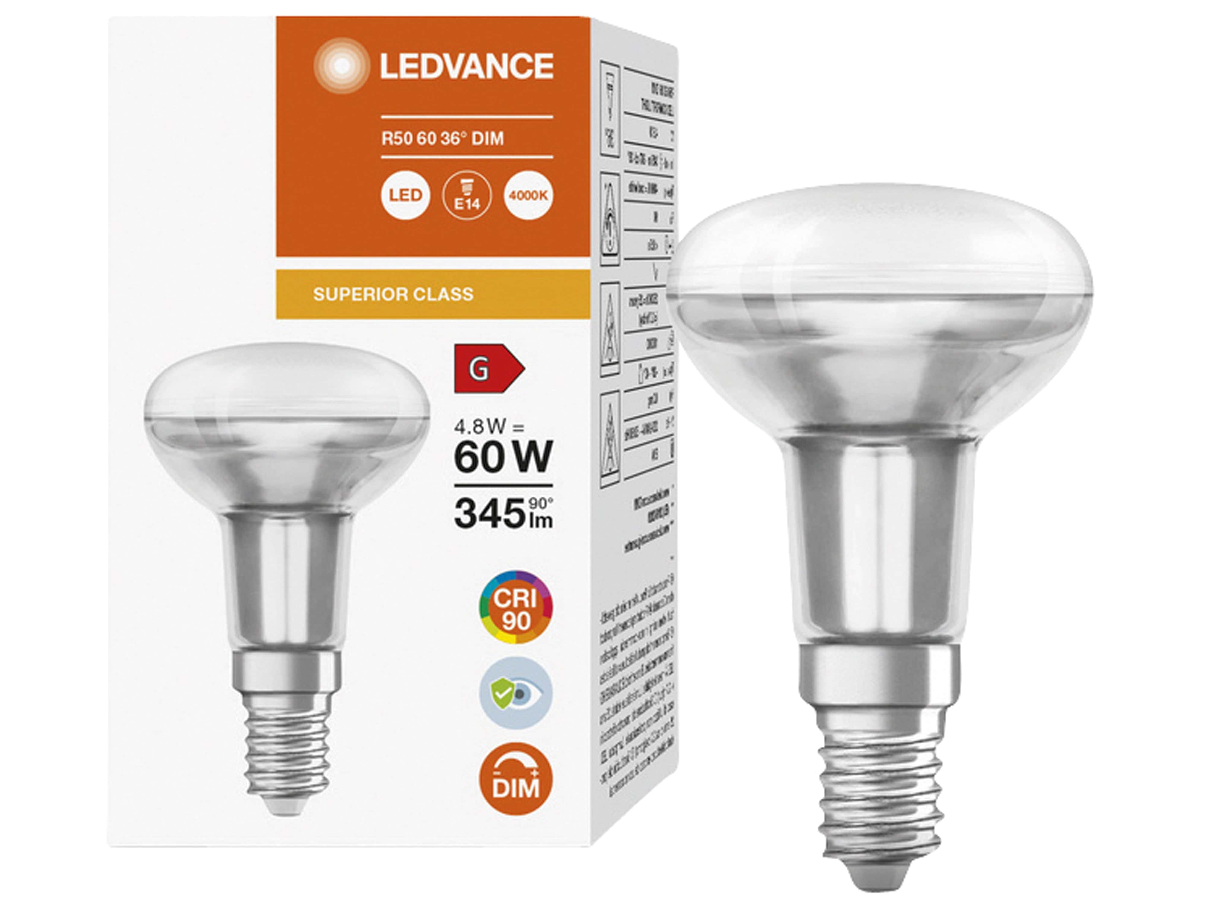 LEDVANCE LED-Reflektorlampe Superstar, A60, E14, EEK: G, 4,8 W, 345 lm, 4000 K