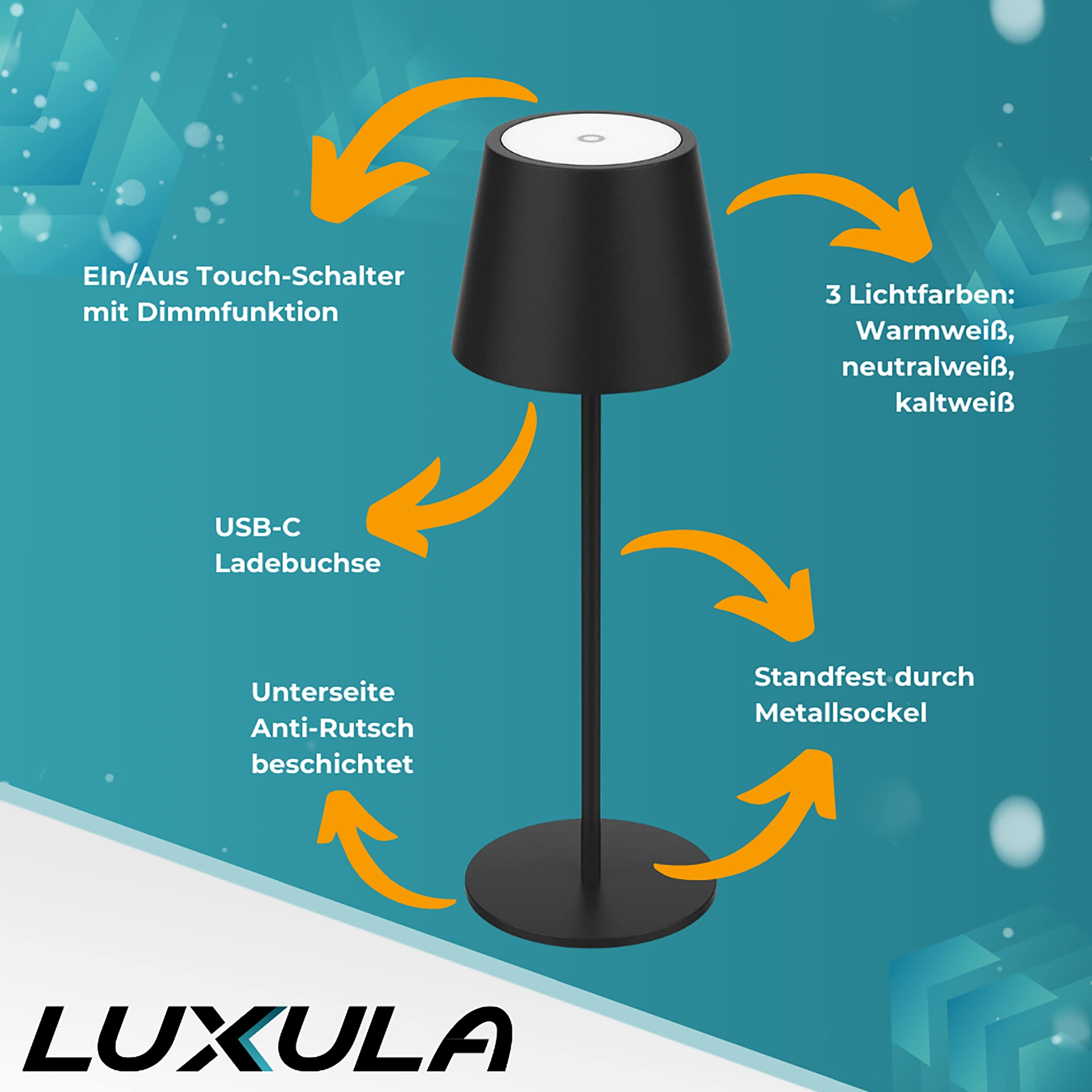  LUXULA LED-Akku-Tischleuchte LX700160, 3W, 200lm, Dimm- und CCT-Funktion