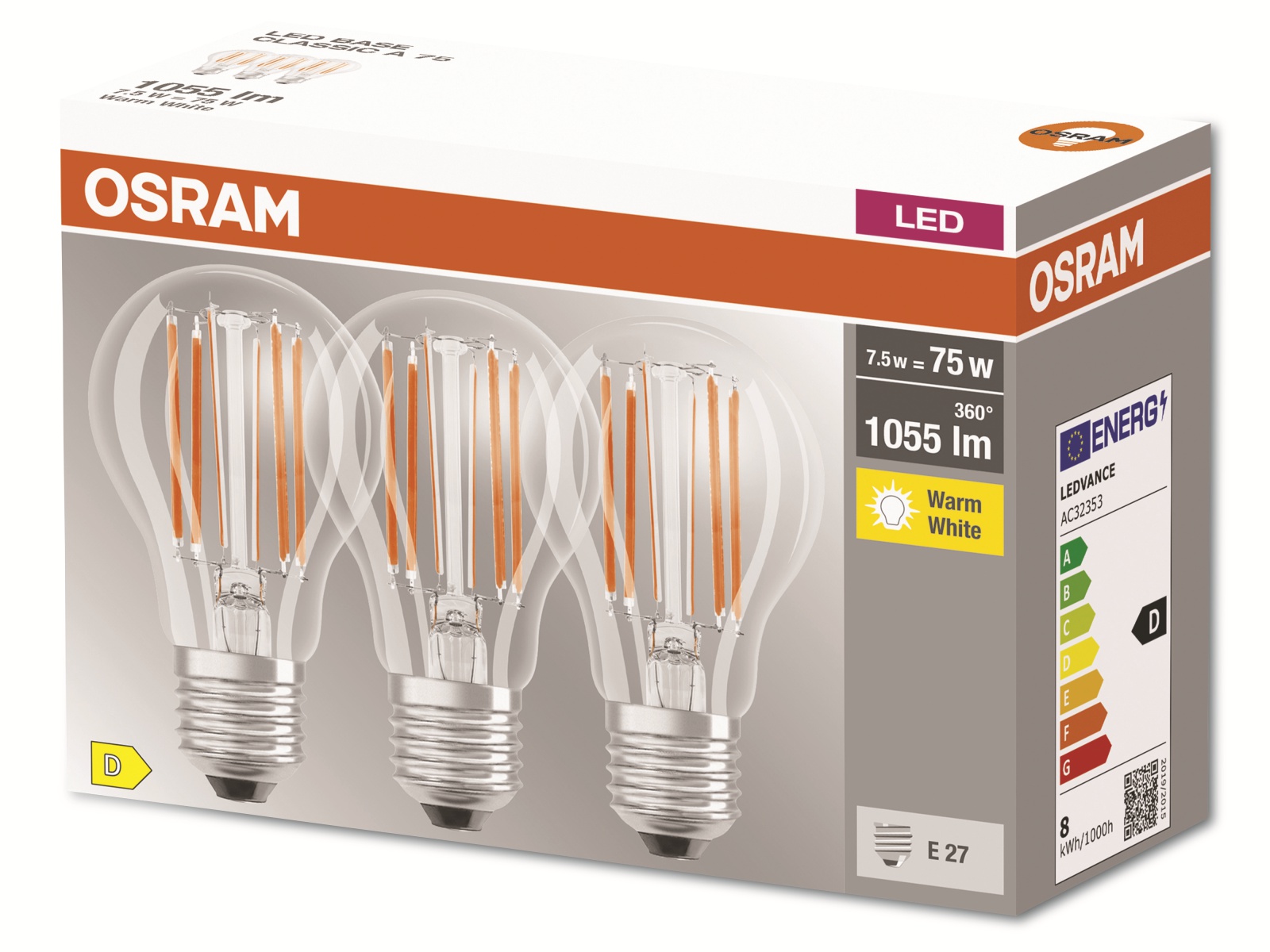 OSRAM LED-Filament-Lampe, CLA75, E27, EEK: D, 7,5W, 1055lm, 2700K, 3 Stk
