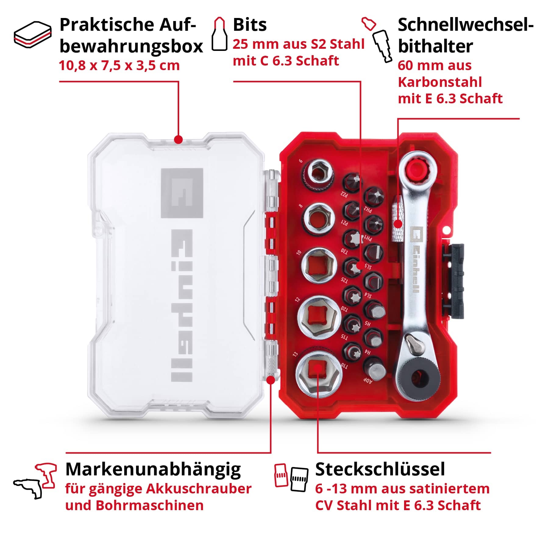 EINHELL Bit- & Steckschlüssel-Set, 118683, XS-Case, 21-teilig