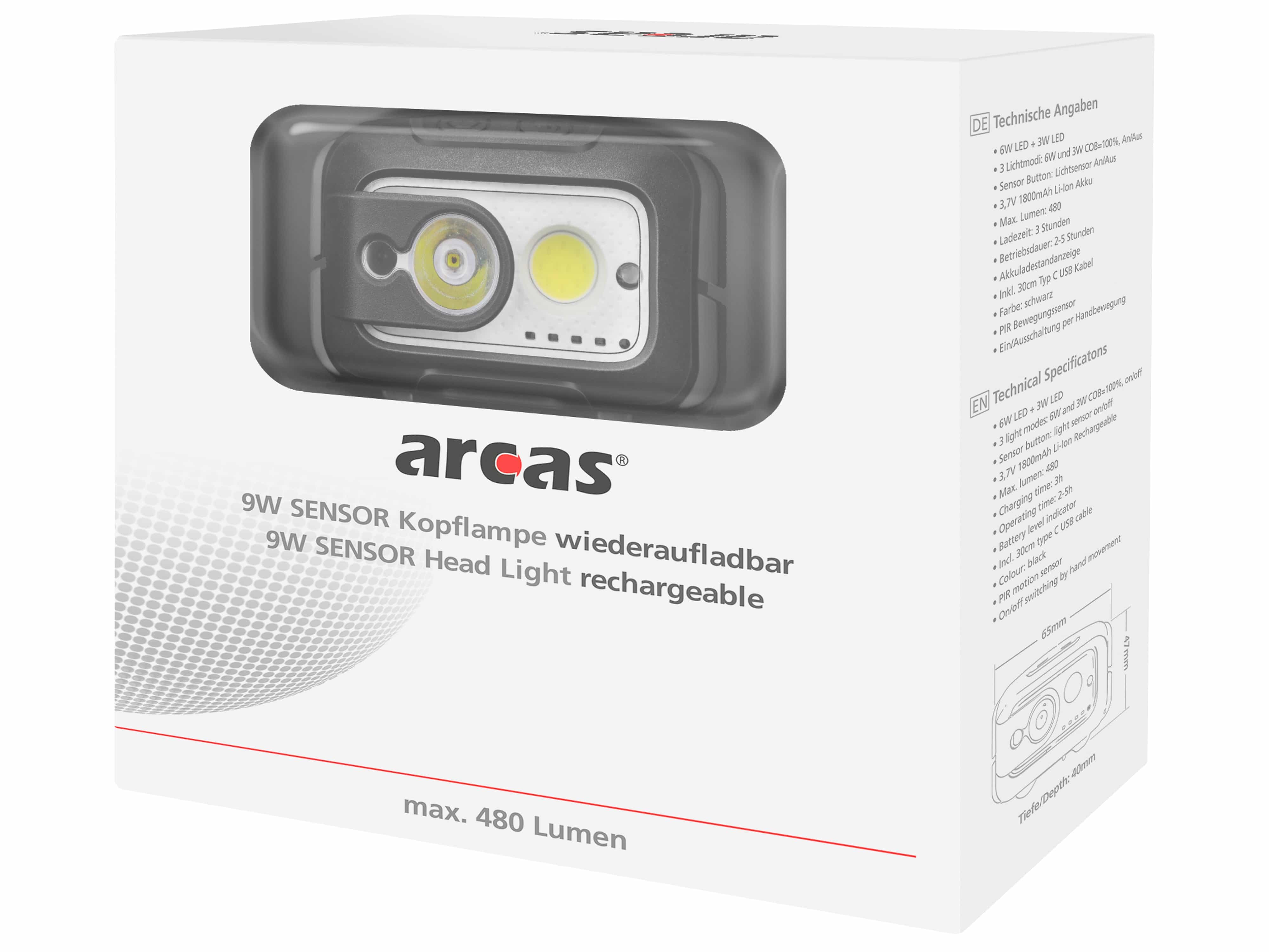 ARCAS LED-Stirnlampe, 9 W, 480 lm, Sensor, Akkubetrieb, wiederaufladbar