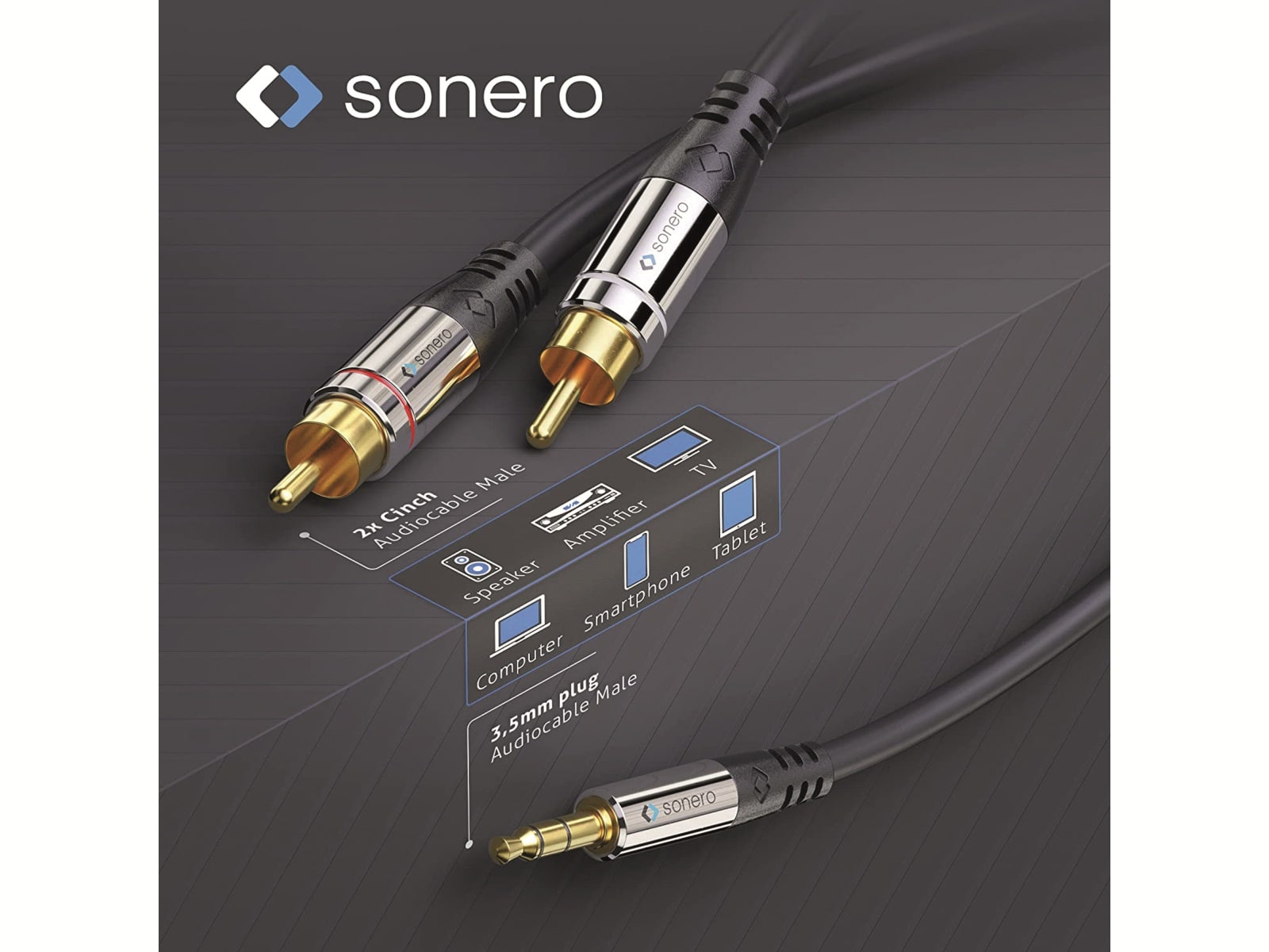 SONERO Audio-Adapterkabel, Klinke/Cinch, 3,5 mm, Stereo, 12,5 m, schwarz