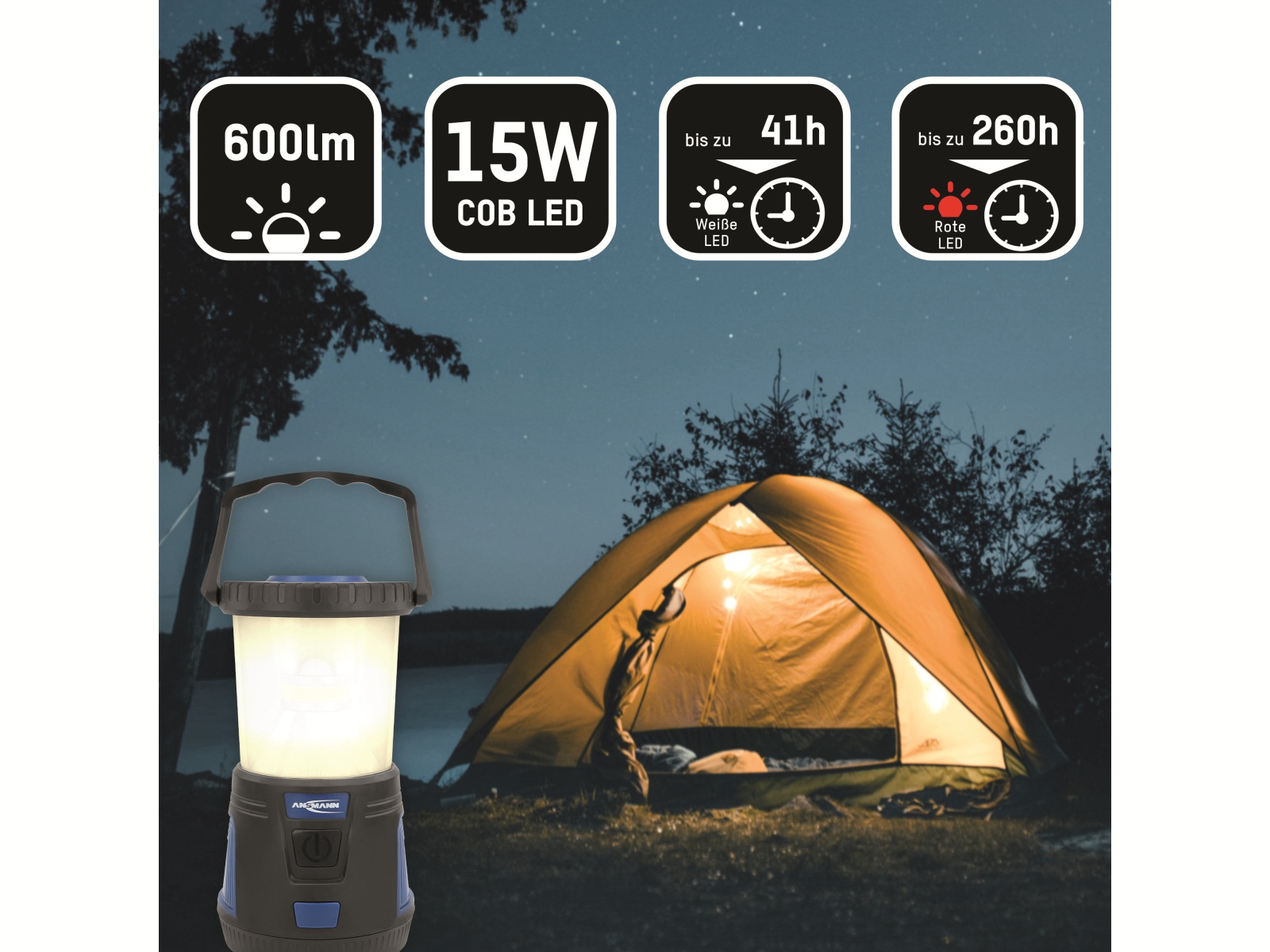 ANSMANN LED-Campingleuchte CL600B, 15W, 600 lm, 3000 K, batteriebetrieben