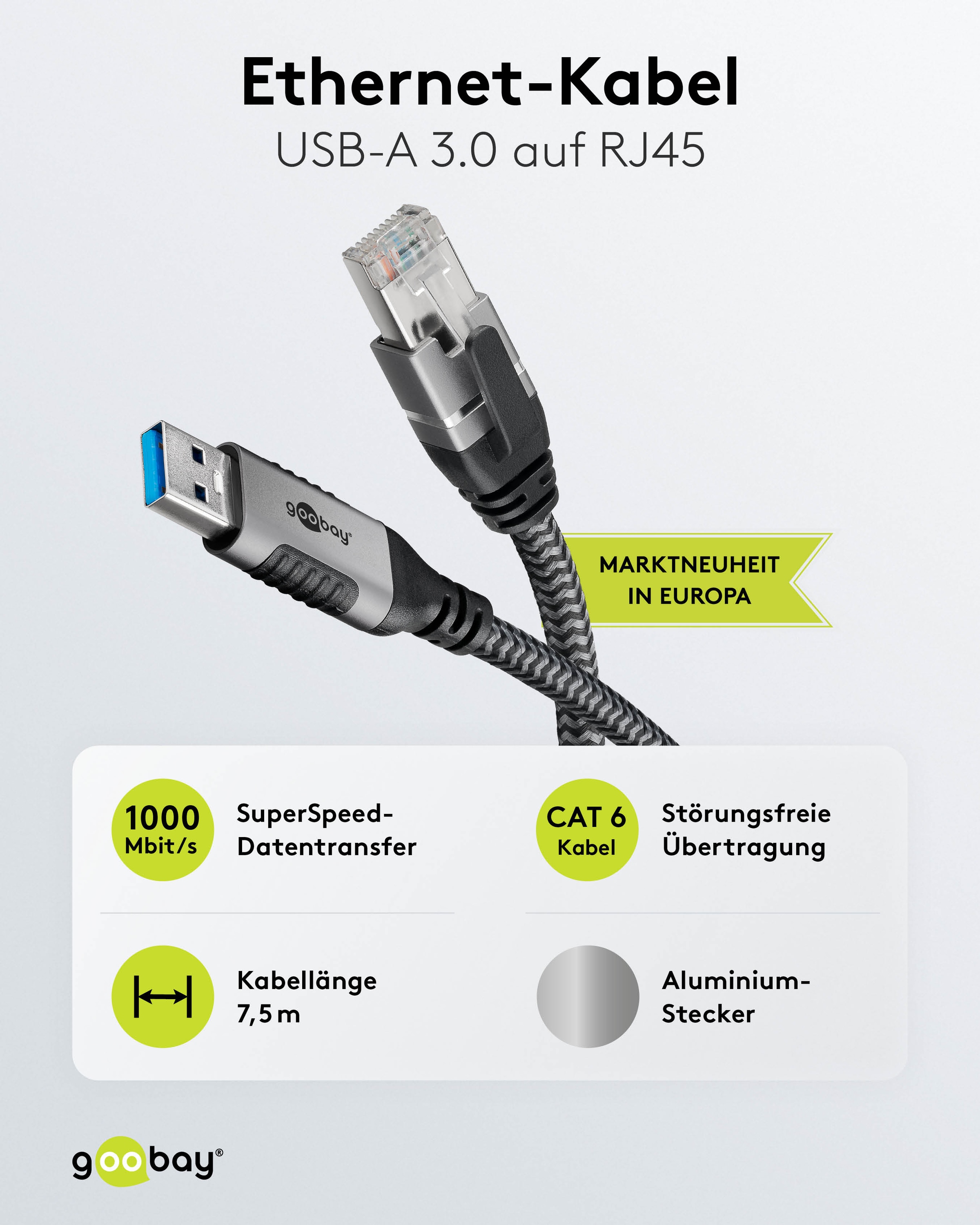 GOOBAY Ethernet-Kabel CAT6 USB-A 3.0 auf RJ45 7,5m
