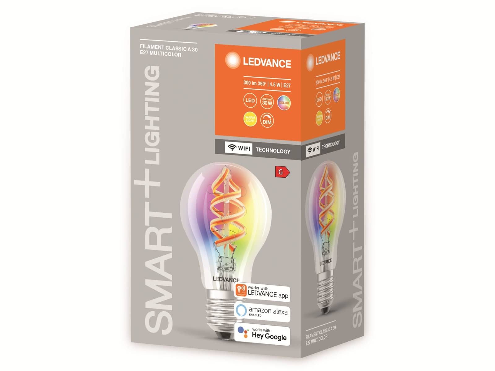 LEDVANCE LED-Filament-Lampe, CLA30D, E27, EEK: G, 4,5W, 300lm, 2700K, WiFi