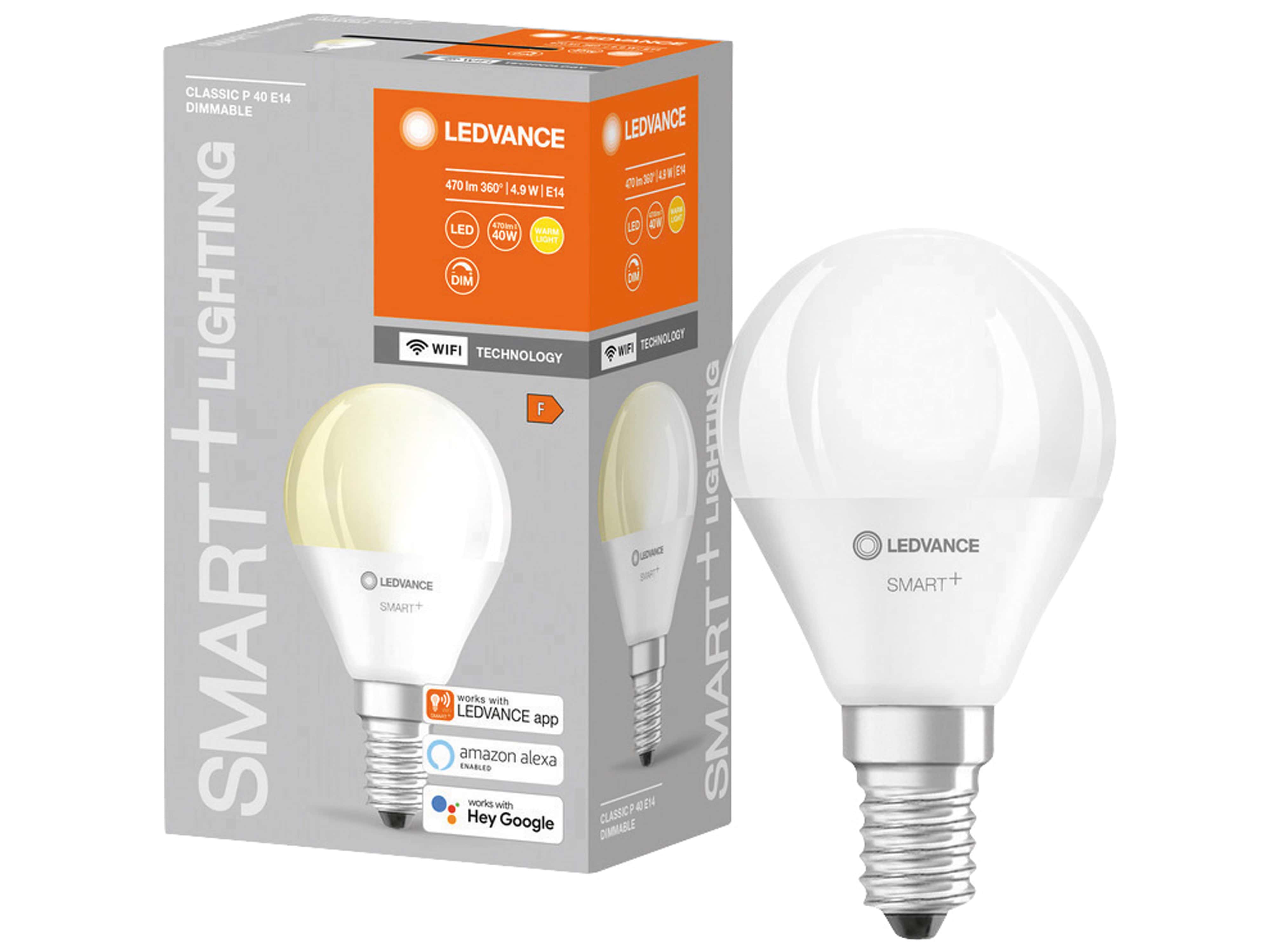 LEDVANCE LED-Lampe SMART+ WiFi Mini bulb, P46, E14, EEK: F, 4,9 W, 470 lm, 2700 K, Smart