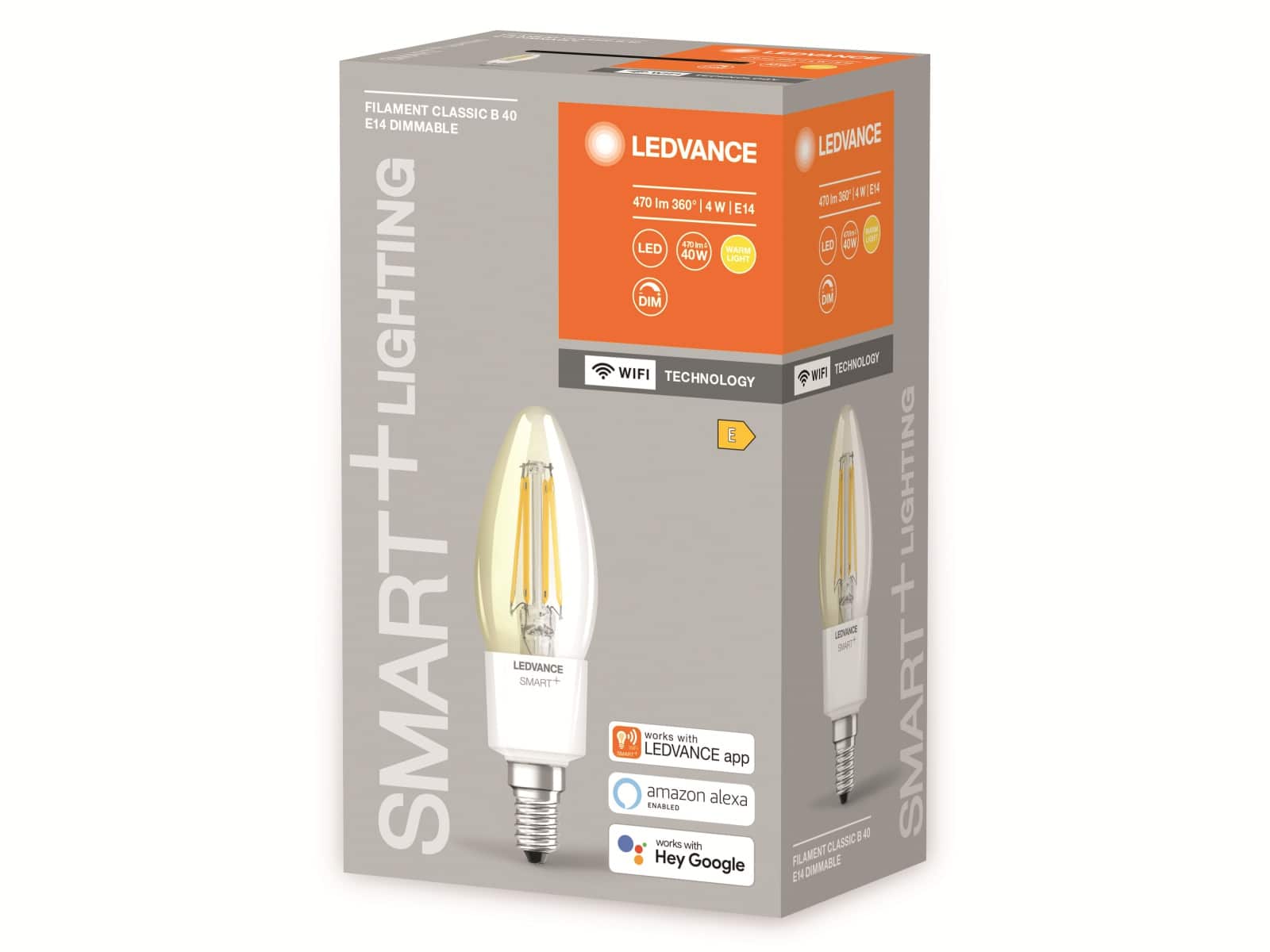 LEDVANCE LED-Filament-Lampe, CLB40D, E14, EEK: E, 4W, 470lm, 2700K, WiFi