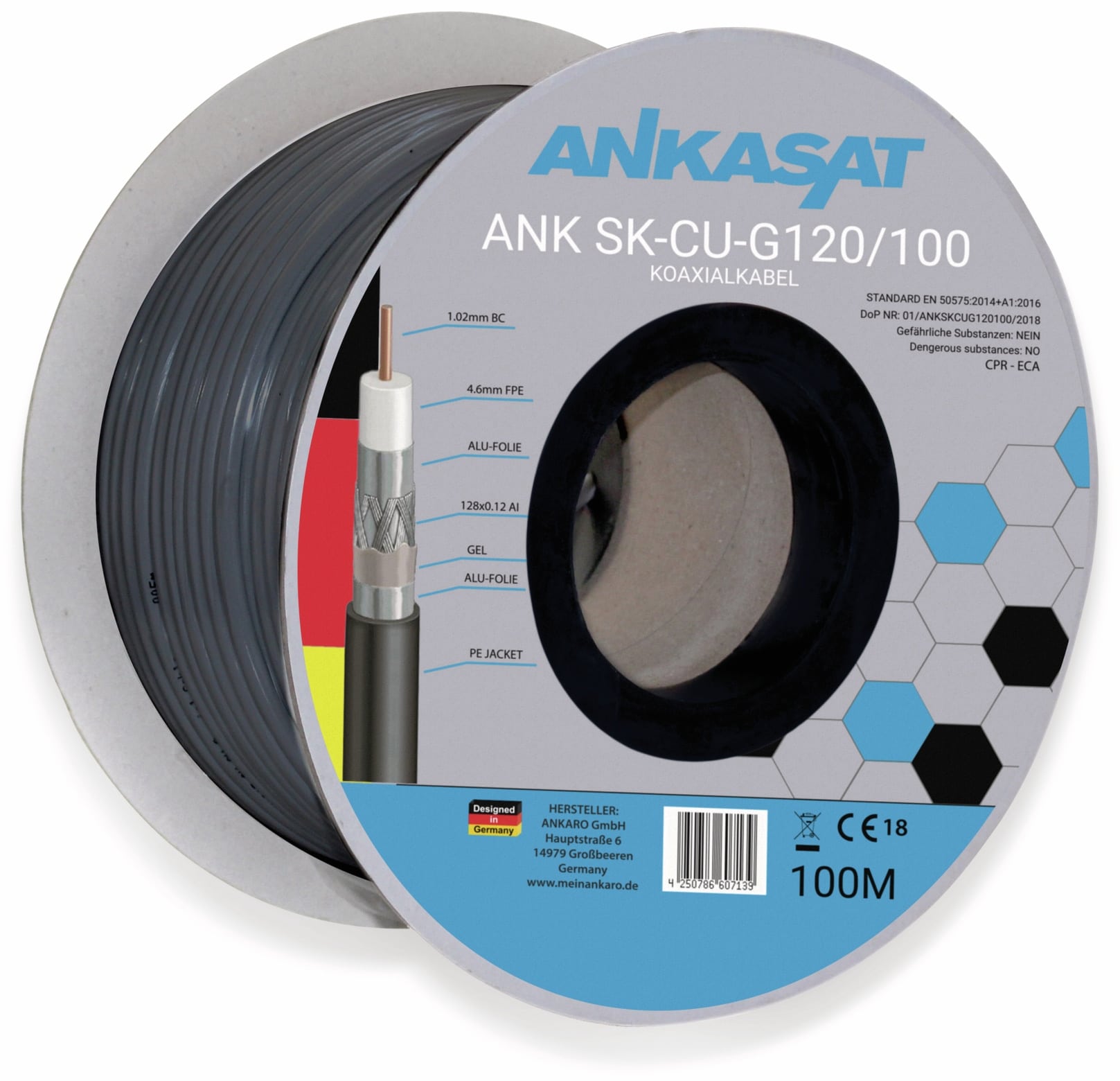 ANKASAT Koaxialkabel, 100 m, schwarz, 6,8 mm, CU, 120 dB