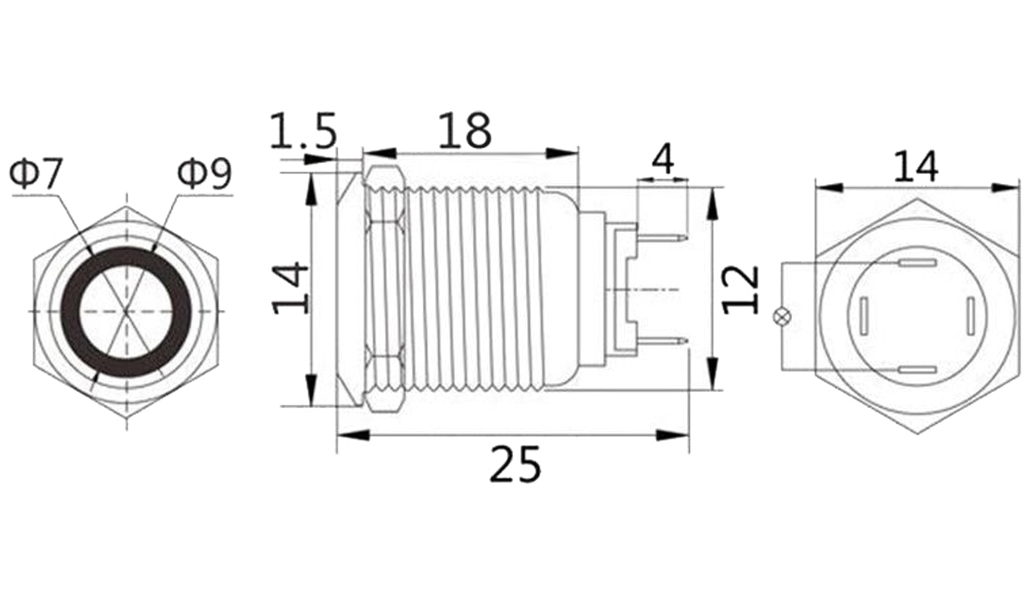 LED-Druckschalter, Ringbeleuchtung blau 12 V, Ø12 mm, 2 A/48 V