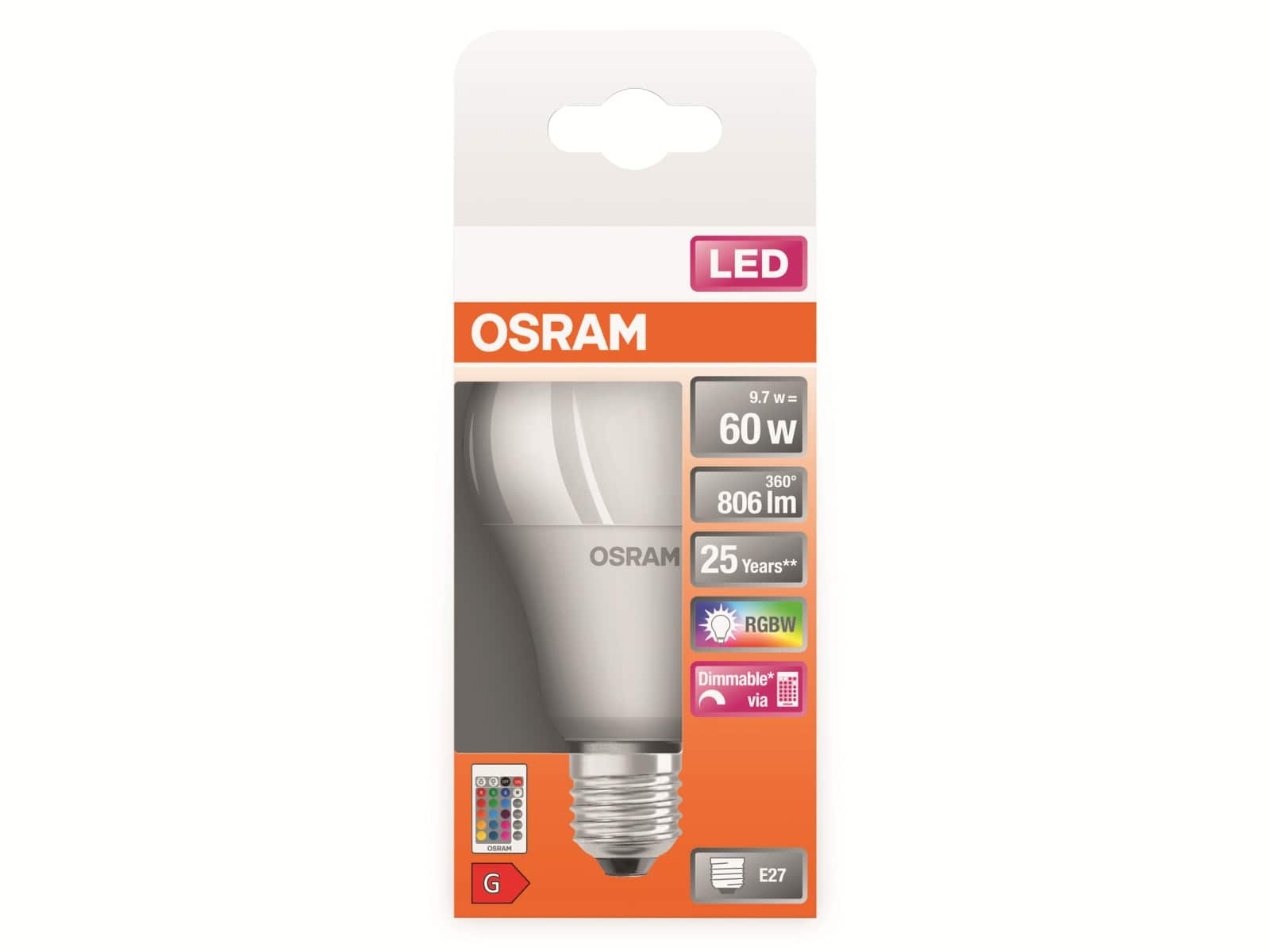 OSRAM LED-Lampe P60 mit Fernbedienung, E27, EEK: G, 9,7 W, 806 lm, 2700 K