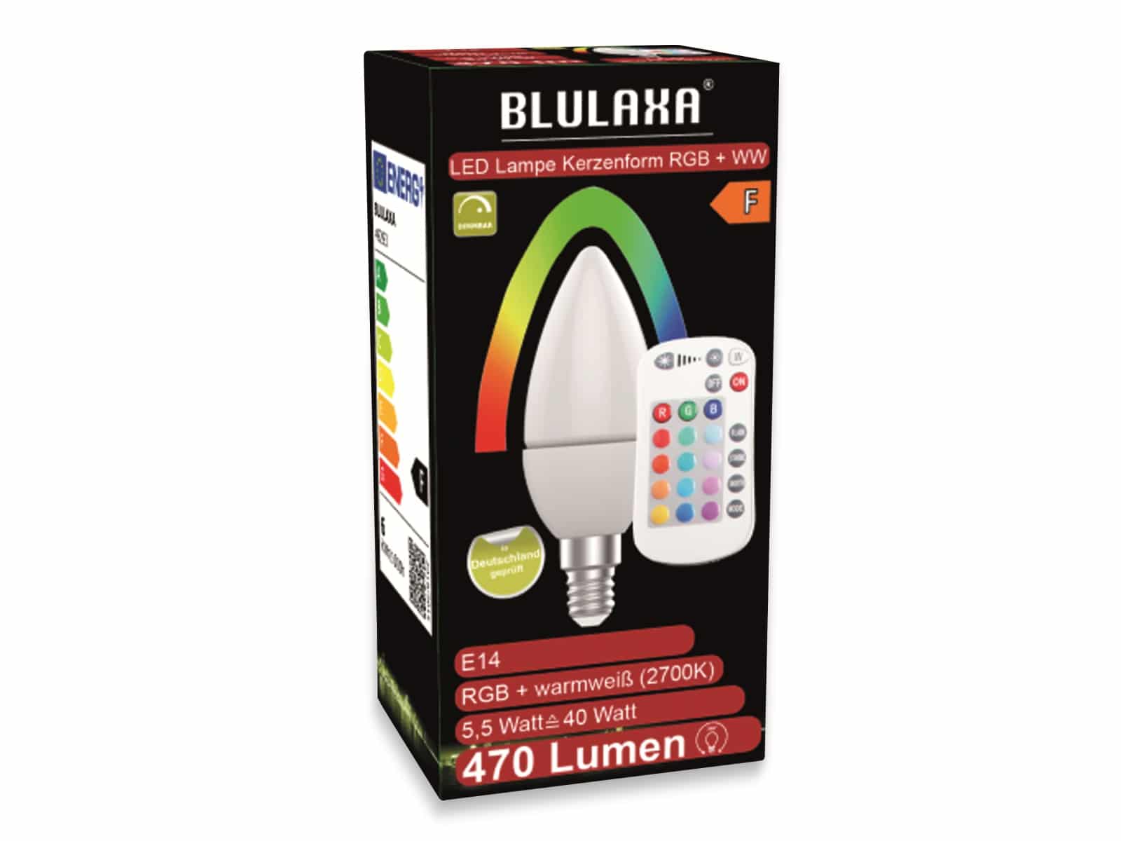 BLULAXA LED-SMD-Lampe, C37, RGB, E14, EEK: F, 5,5 W, 470 lm, 2700 K